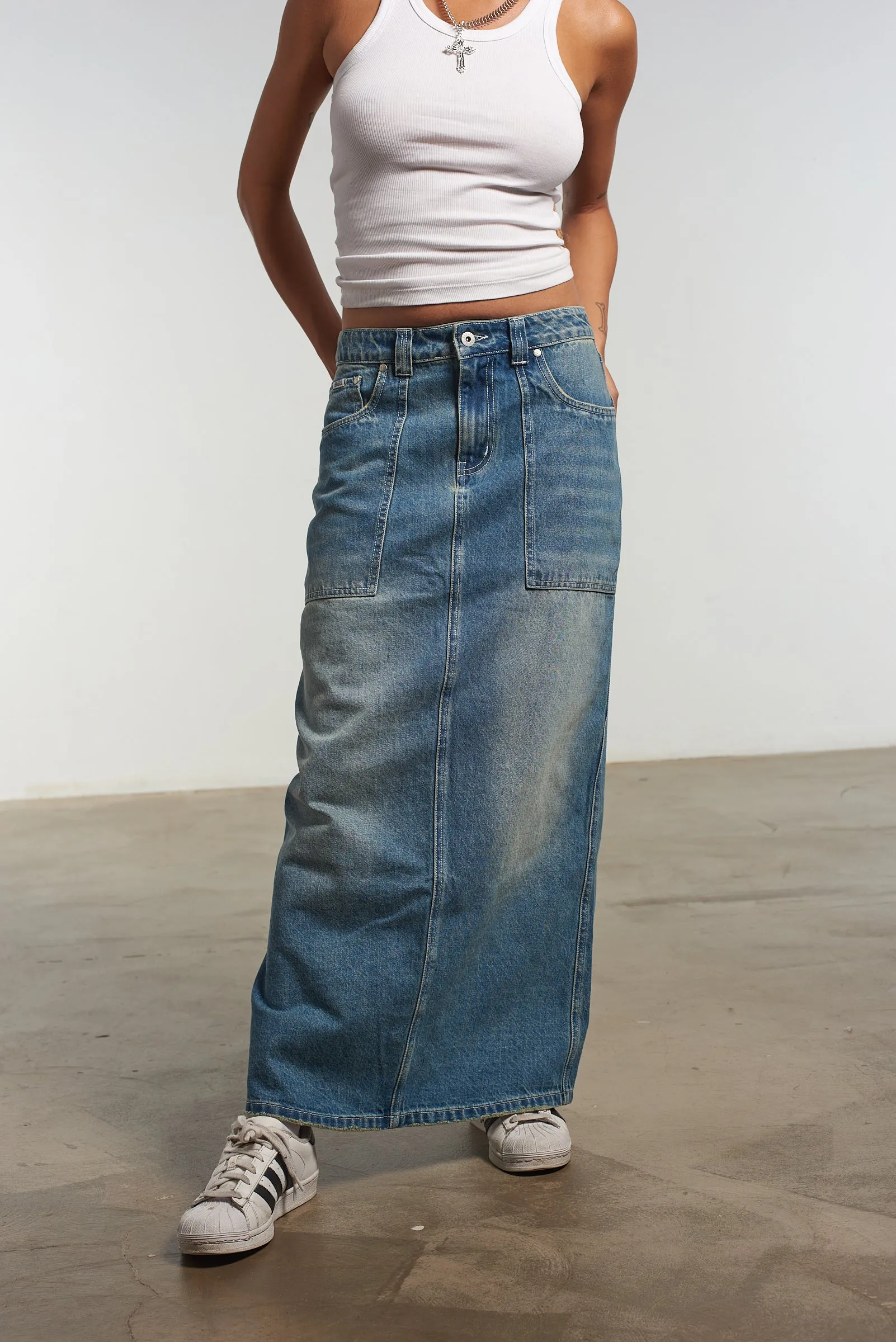 Carpenter Maxi Skirt Blue Tapered Cut Wrap style