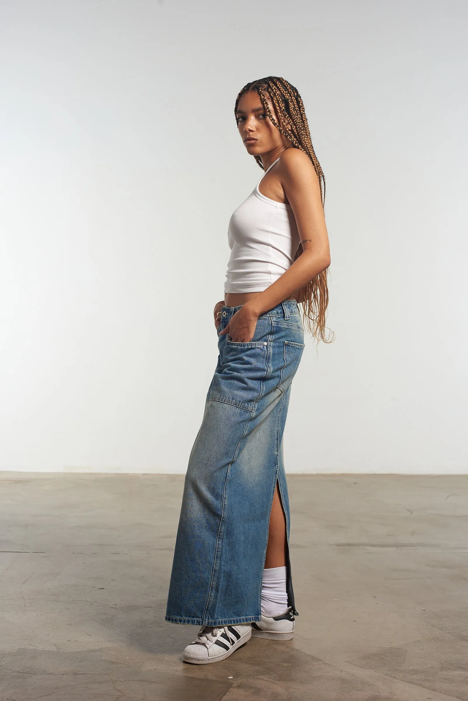 Easy Outfit Quiet Style Carpenter Maxi Skirt Blue