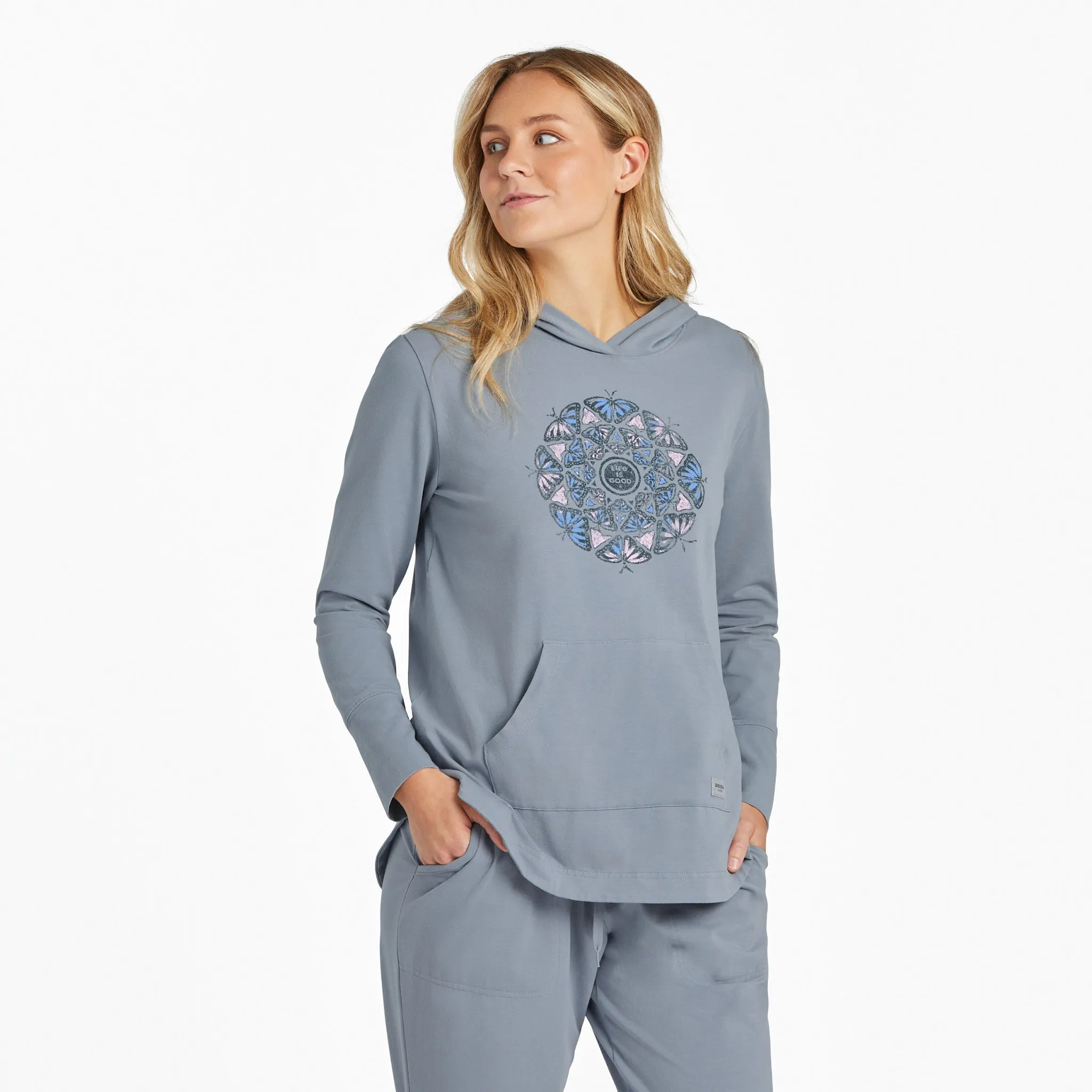 Women's Hand Drawn Butterfly Mandala Crusher-FLEX Hoodie Tunic Go-to Wear