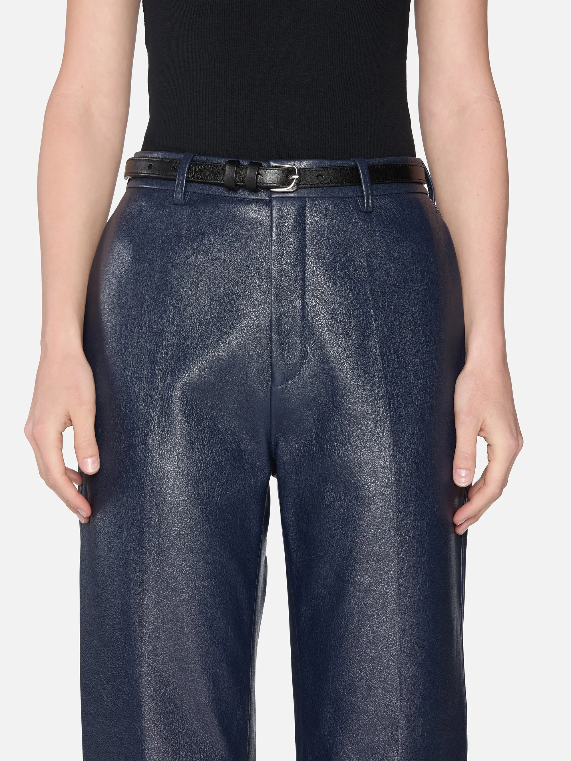 The Leather Trouser -- Dark Indigo Structured Hemline