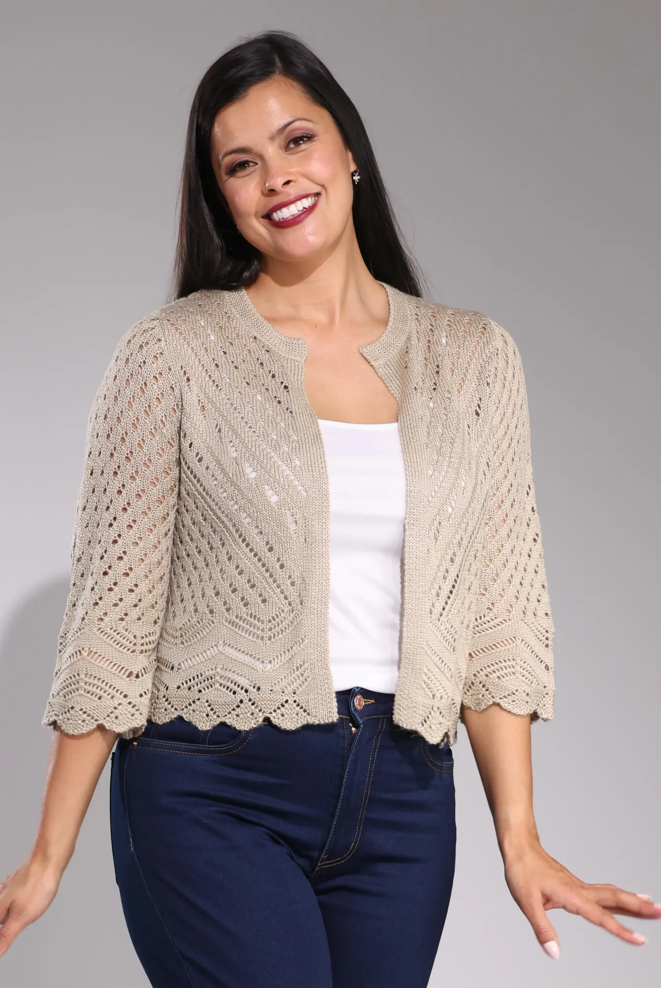Crochet Knit Cardigan | SAND | 0013C1 Denim style Flex Fit