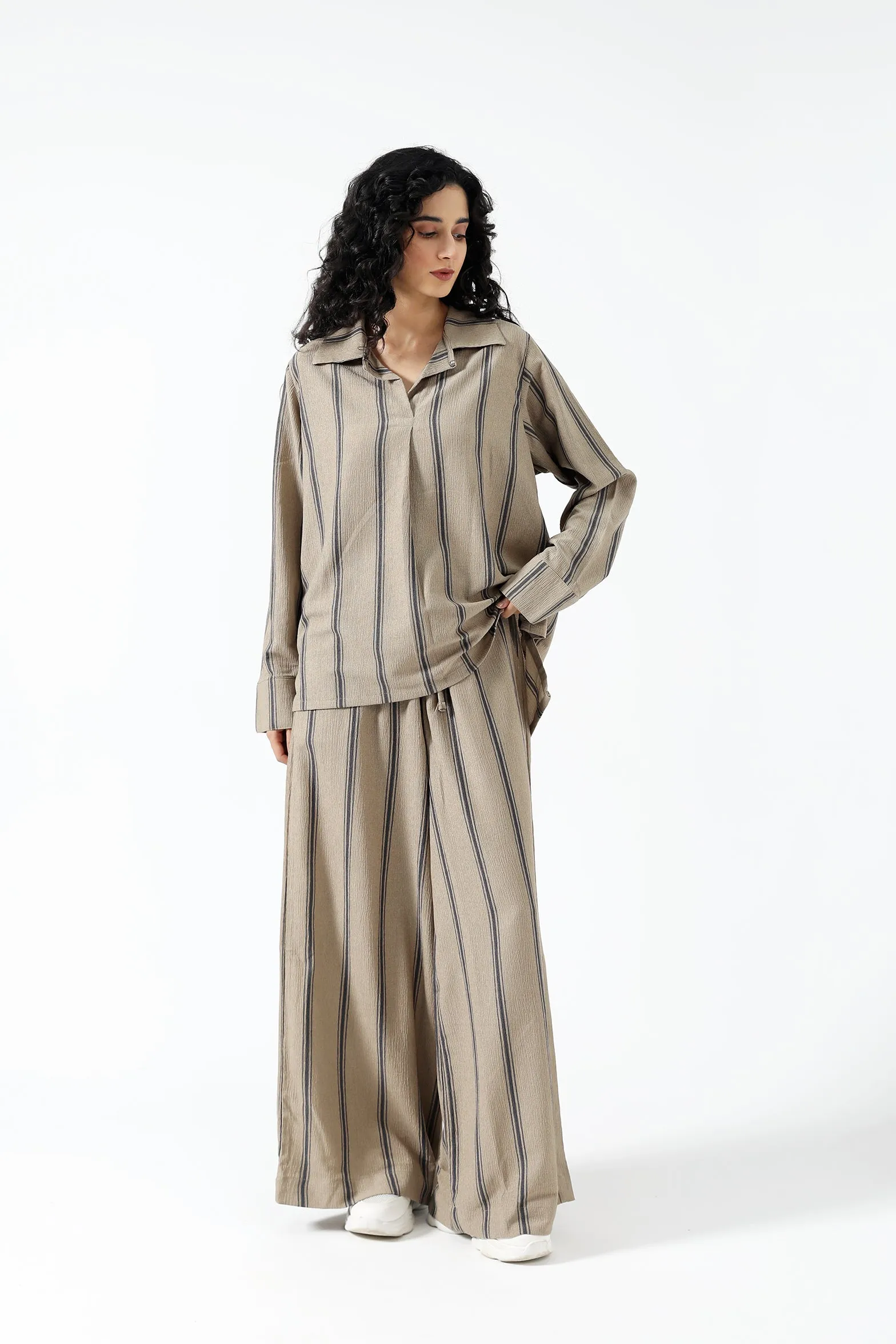 Soft Brushed Lining Seamless Waistband STRIPED WIDE LEG TROUSERS