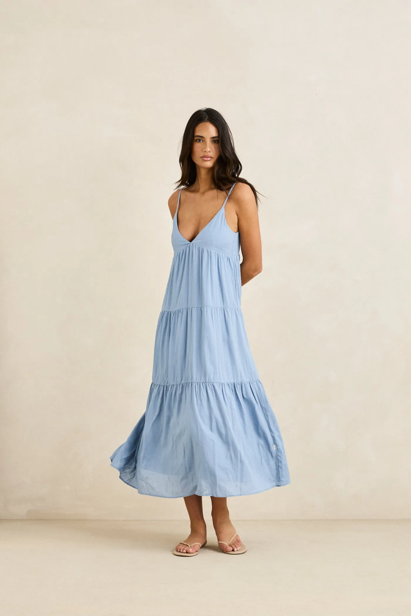 Layered-Look Layered Volume Classic Tiered Midi Dress Steel Blue