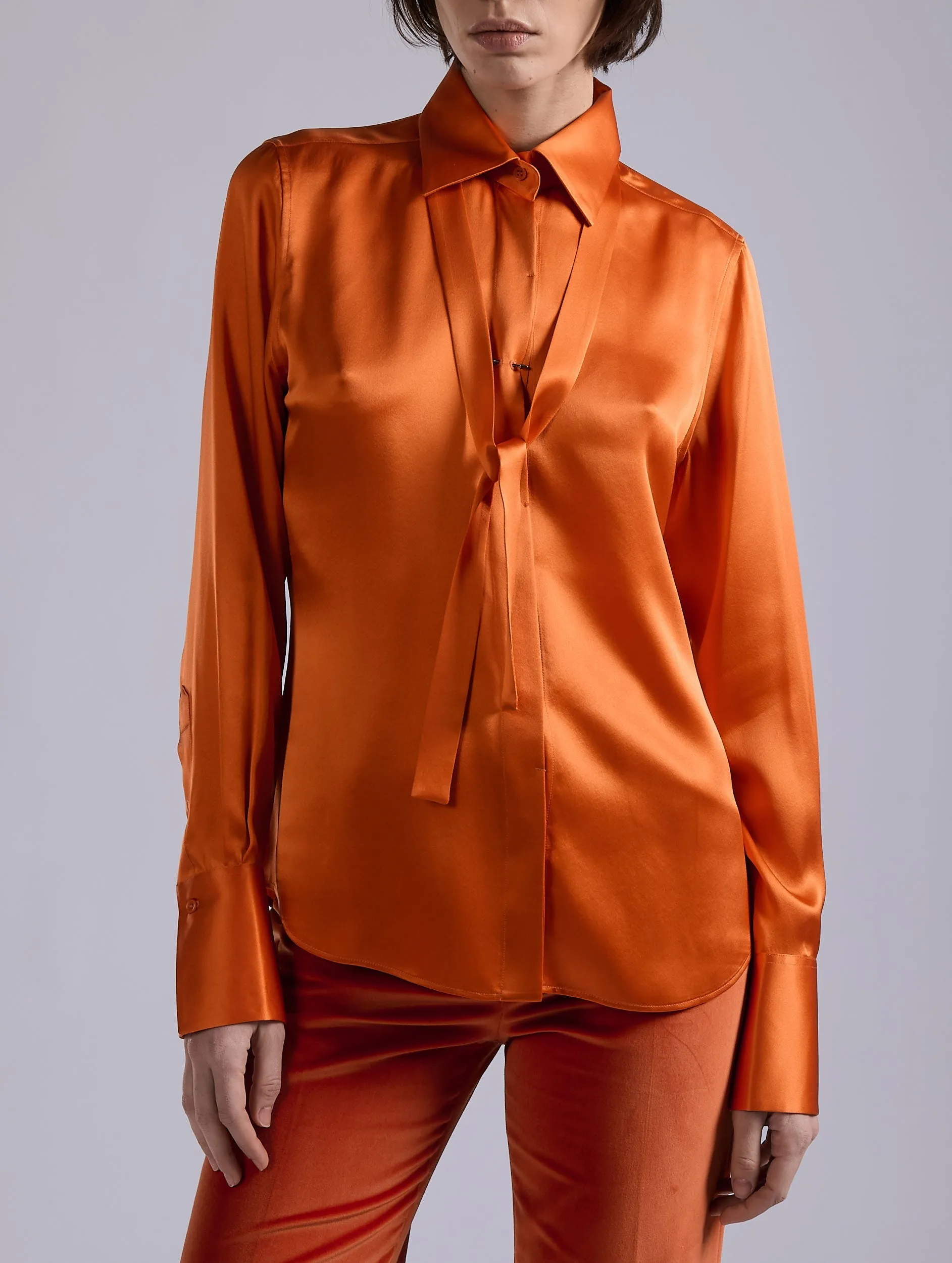 Orange silk satin lavalli??re shirt Modern Style Trend