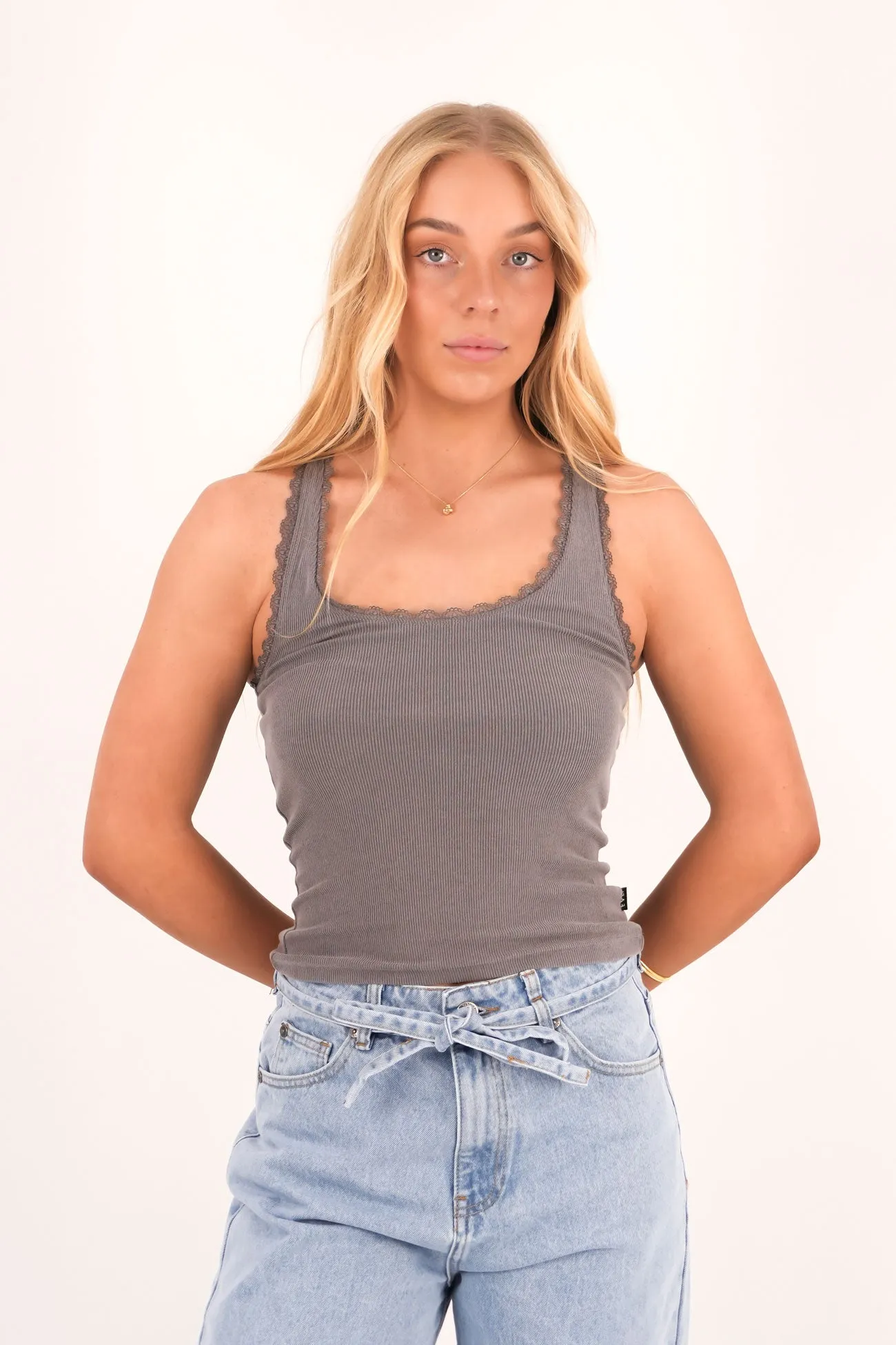 LightweightDesign Washed Rib Lace Tank Charcoal