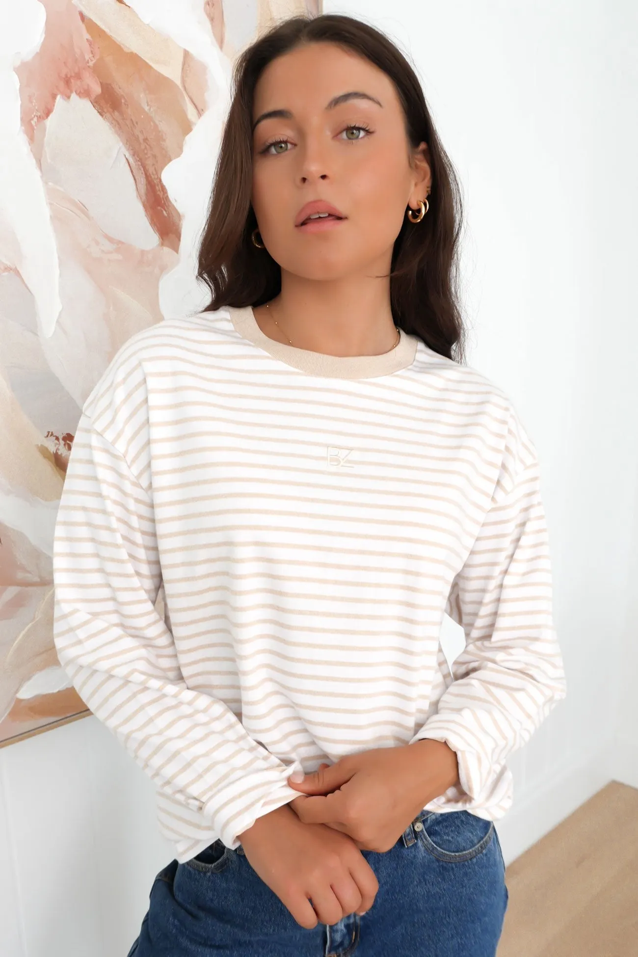 ShrinkResistant Taylor Stripe Long Sleeve Tee White Beige