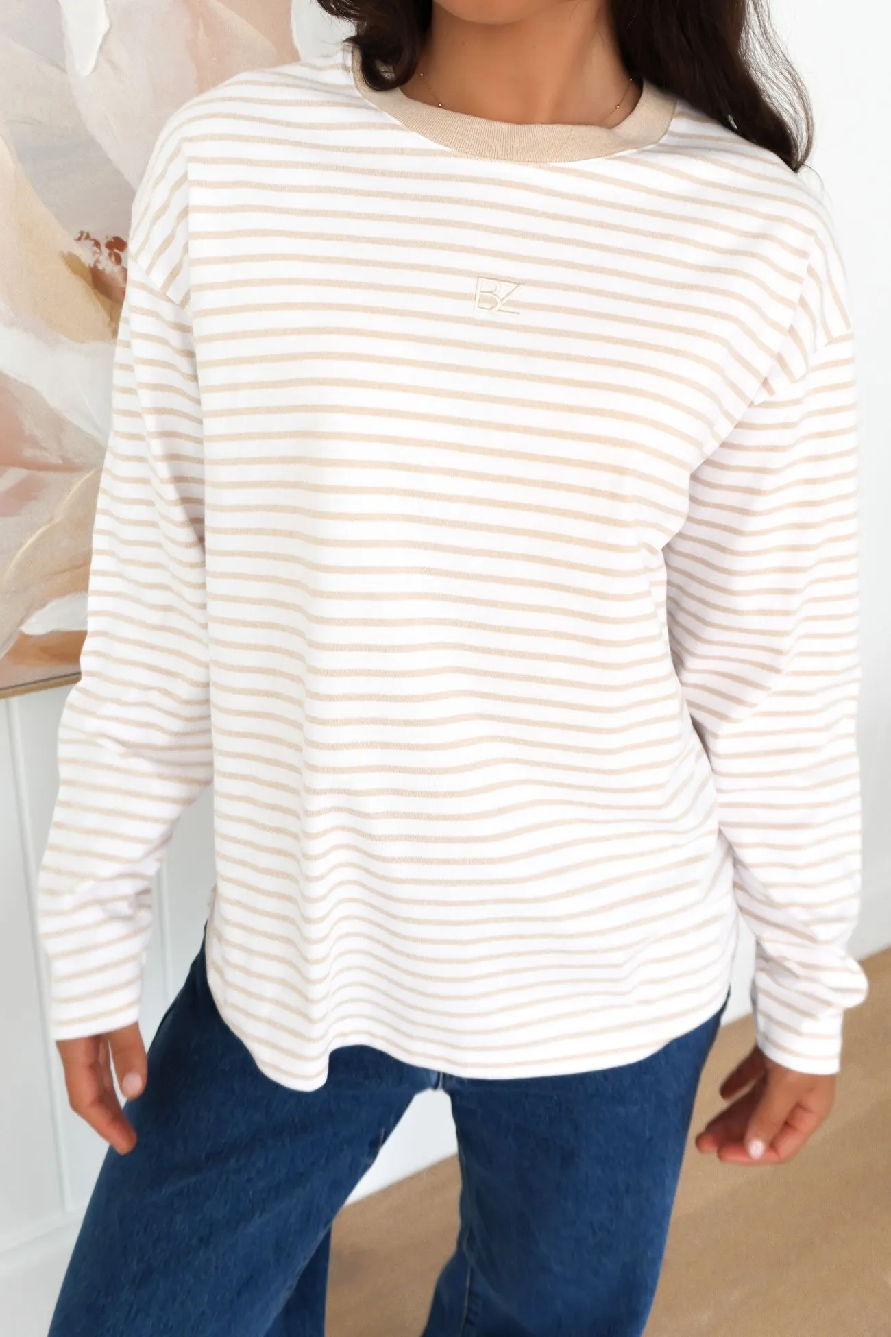 Taylor Stripe Long Sleeve Tee White Beige Stylish Bottom GridTexture