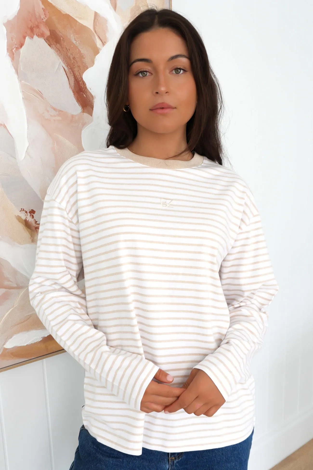 LightweightTextile Rich Tone Taylor Stripe Long Sleeve Tee White Beige