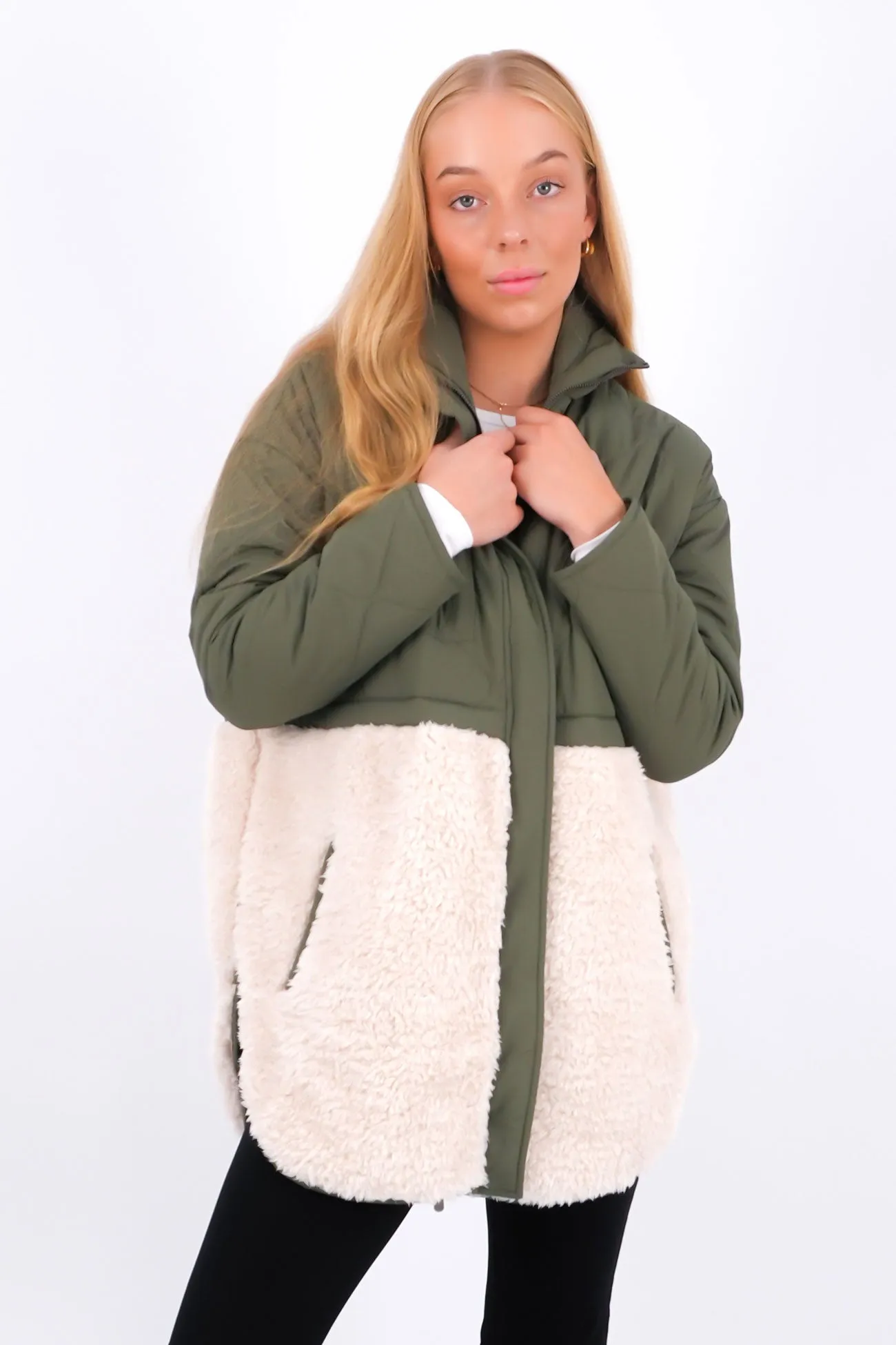 Articulated Ergonomic Fit Convertible Collar Style Celia Coat Khaki