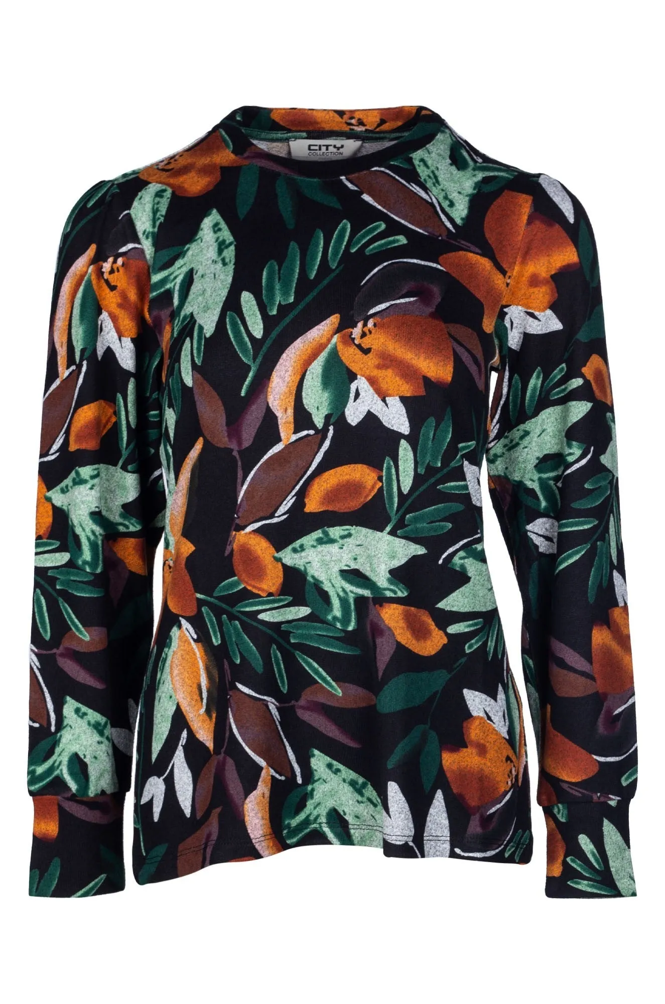 LightweightInsulation DurableCoverstitch Warm Touch Top with puff sleeves | Green Black Fern | 7903B1