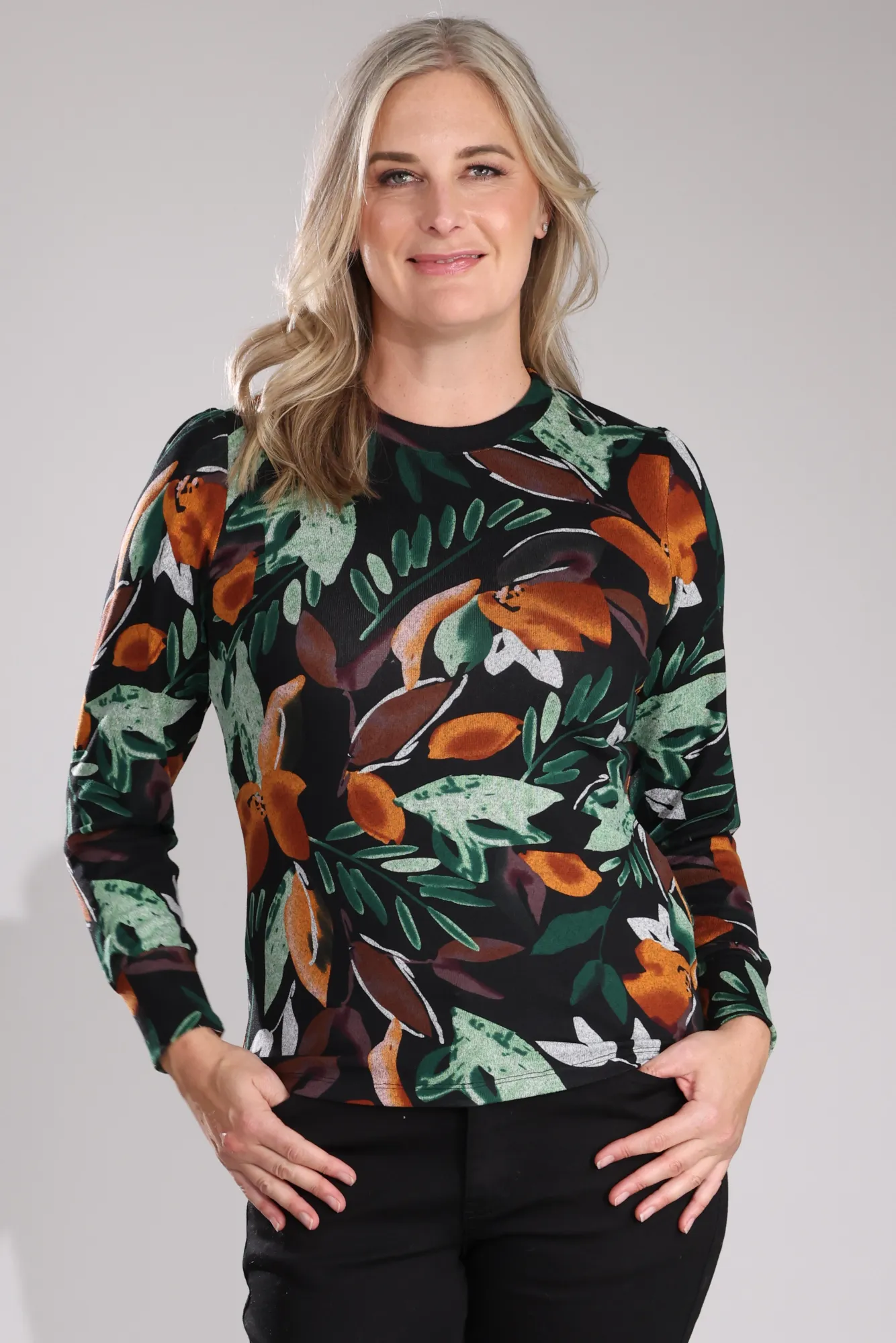 Warm Touch Top with puff sleeves | Green Black Fern | 7903B1 AntiBacterialTextile