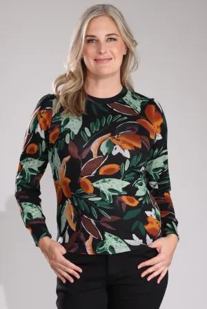 Versatile Fashion Warm Touch Top with puff sleeves | Green Black Fern | 7903B1