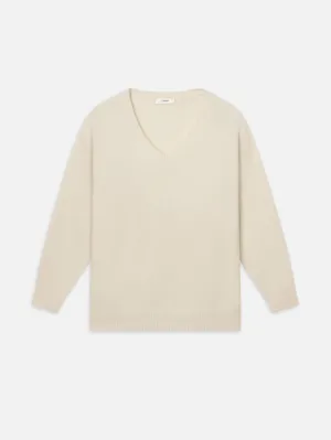 The Cashmere Brushed V Sweater -- Cream Interlock Weave