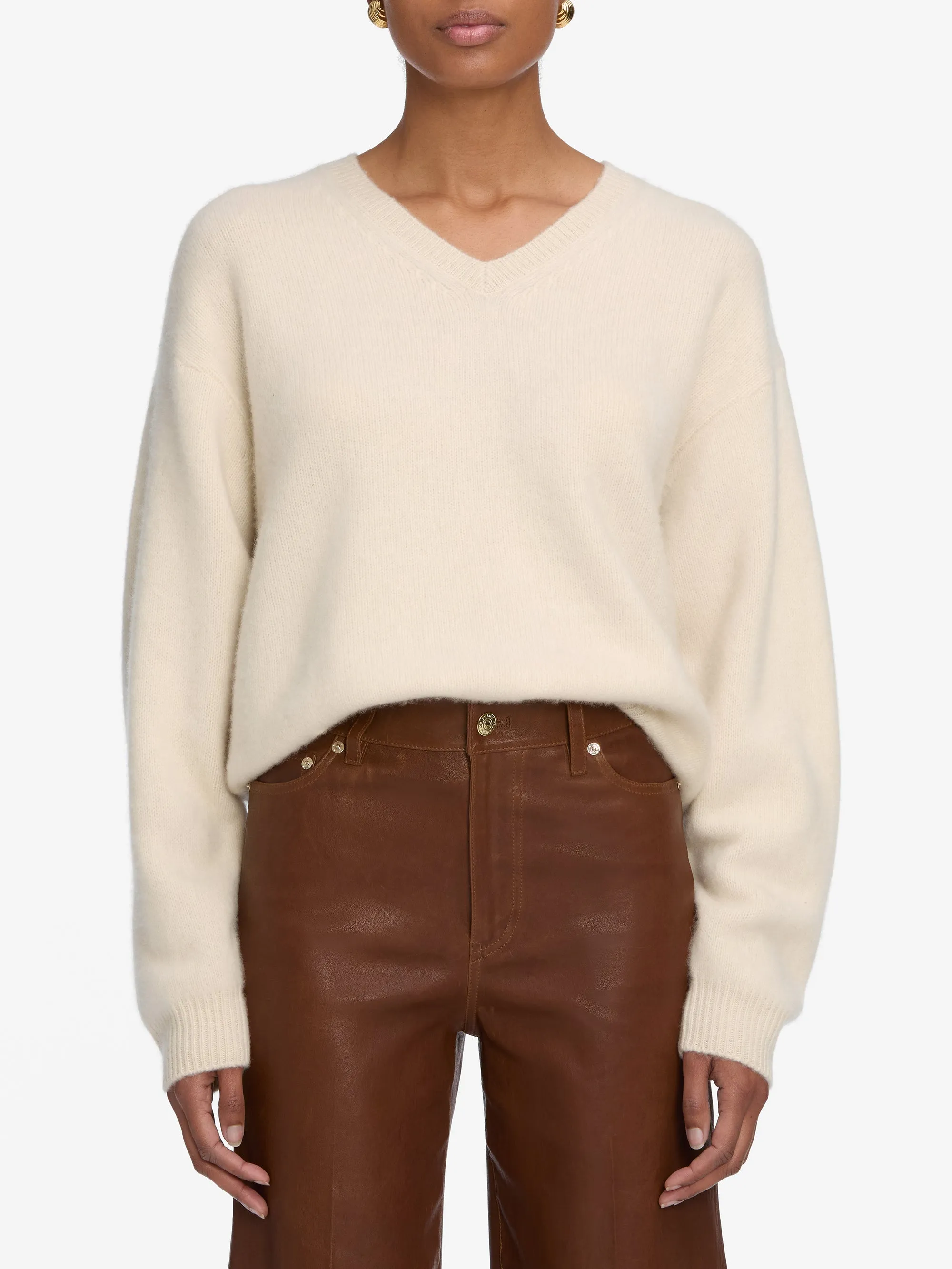 The Cashmere Brushed V Sweater -- Cream Warm Classic Hypoallergenic Yarn