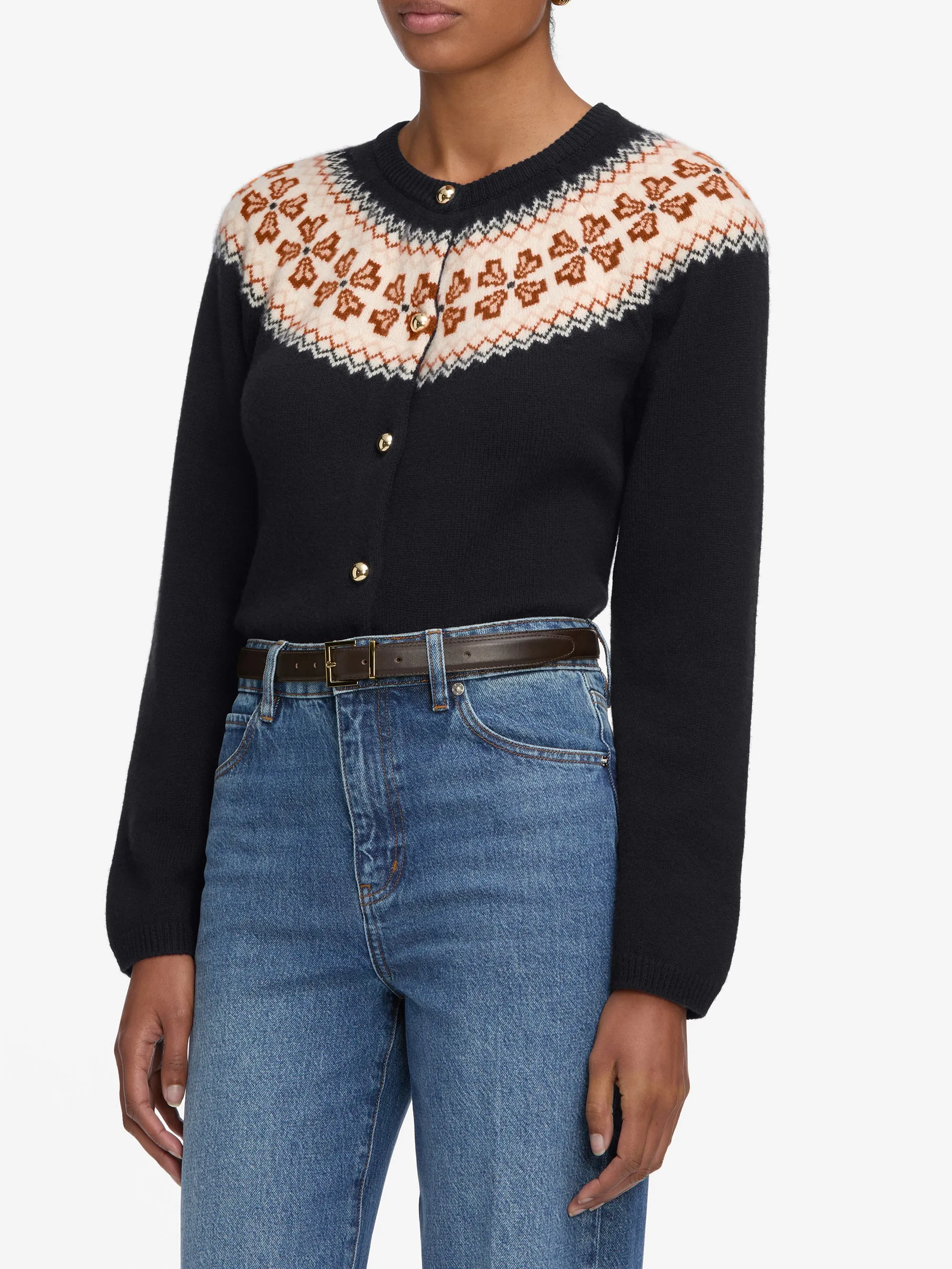 The Cashmere Fairisle Cardi -- Navy Breathable mesh GarmentDyed Effect