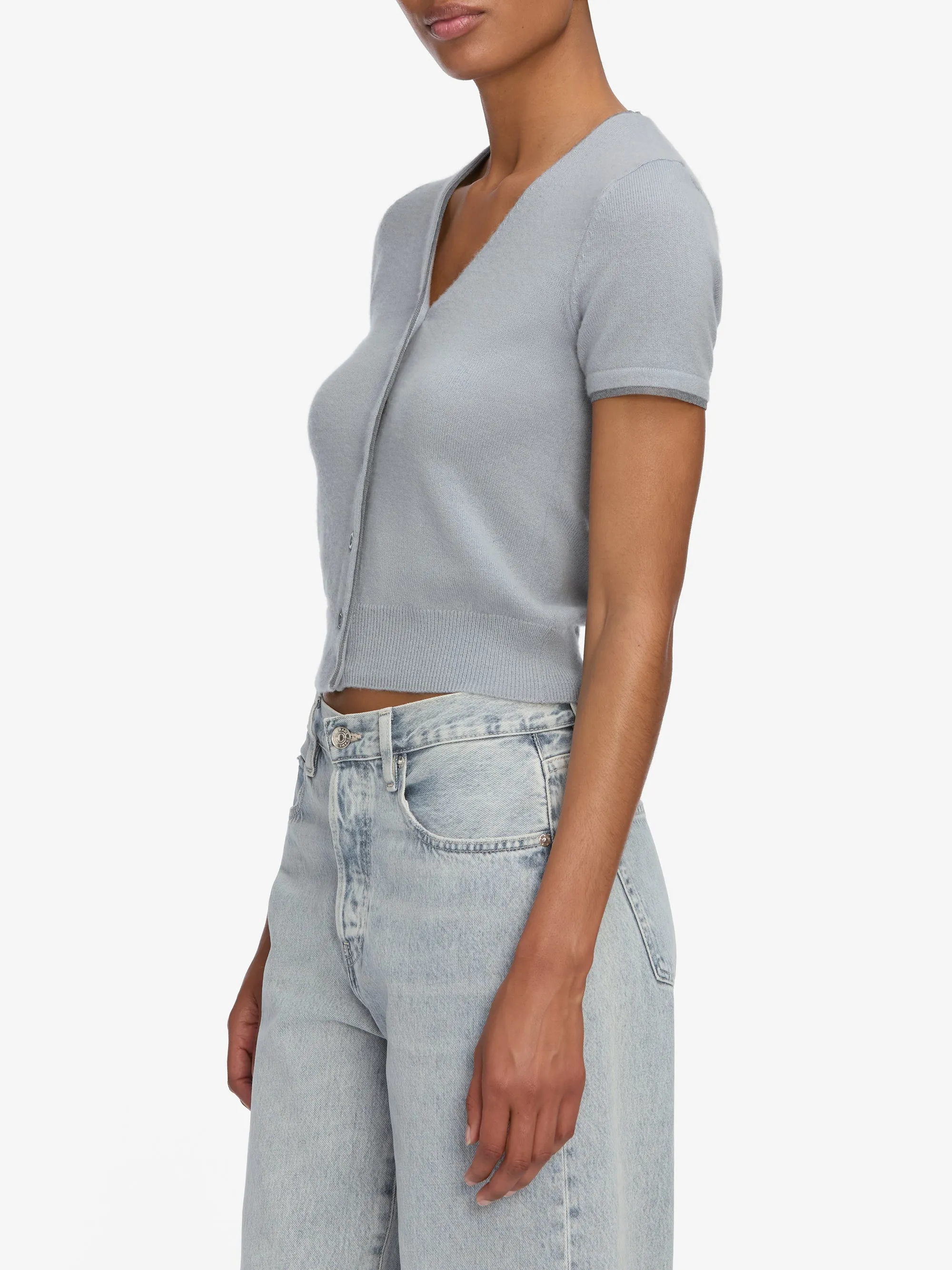 Simple Piece The Cashmere Mix Trim Cardi -- Grey Blue
