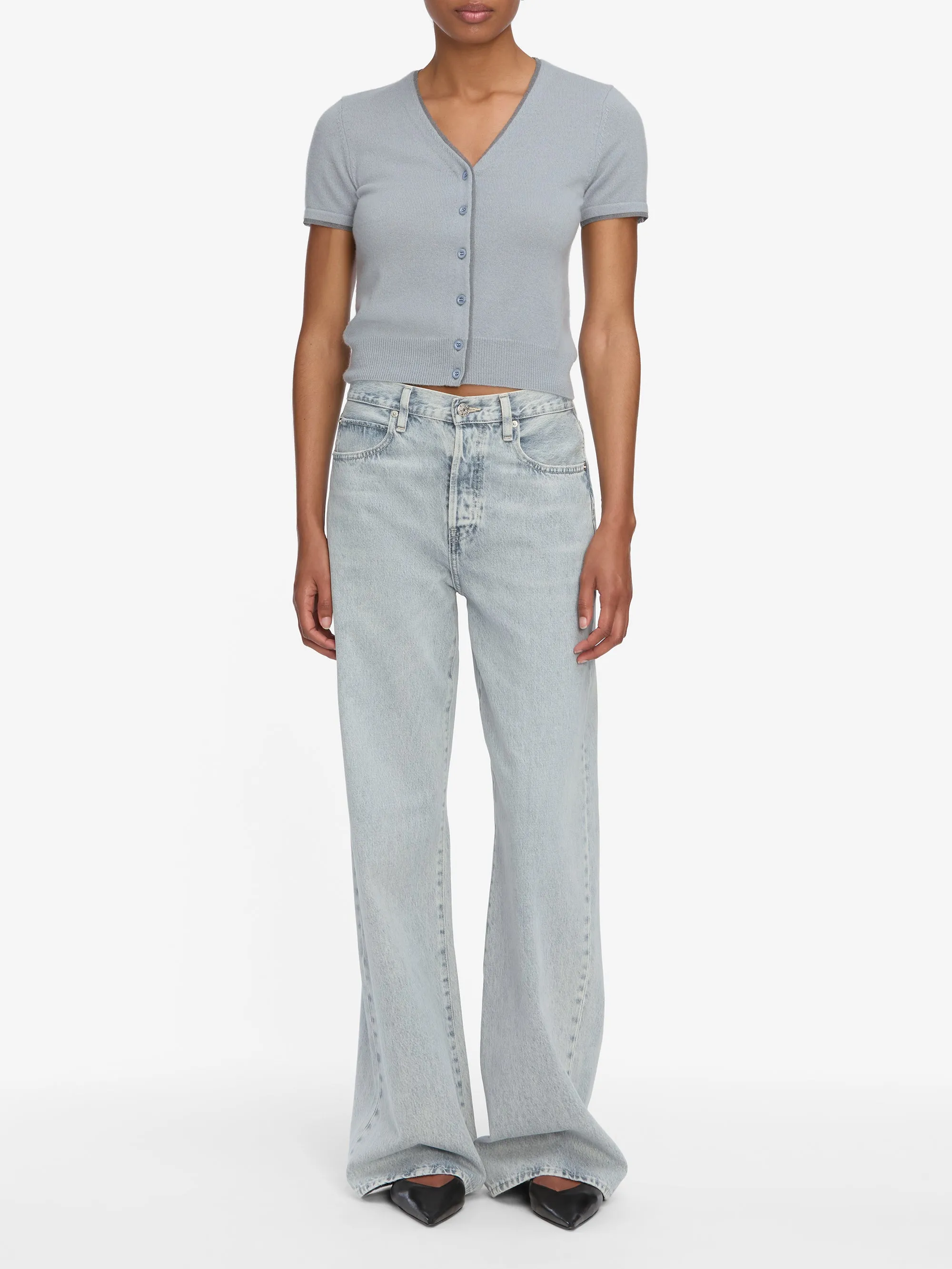 The Cashmere Mix Trim Cardi -- Grey Blue Relaxed casual fit MultiDirectional Flexibility