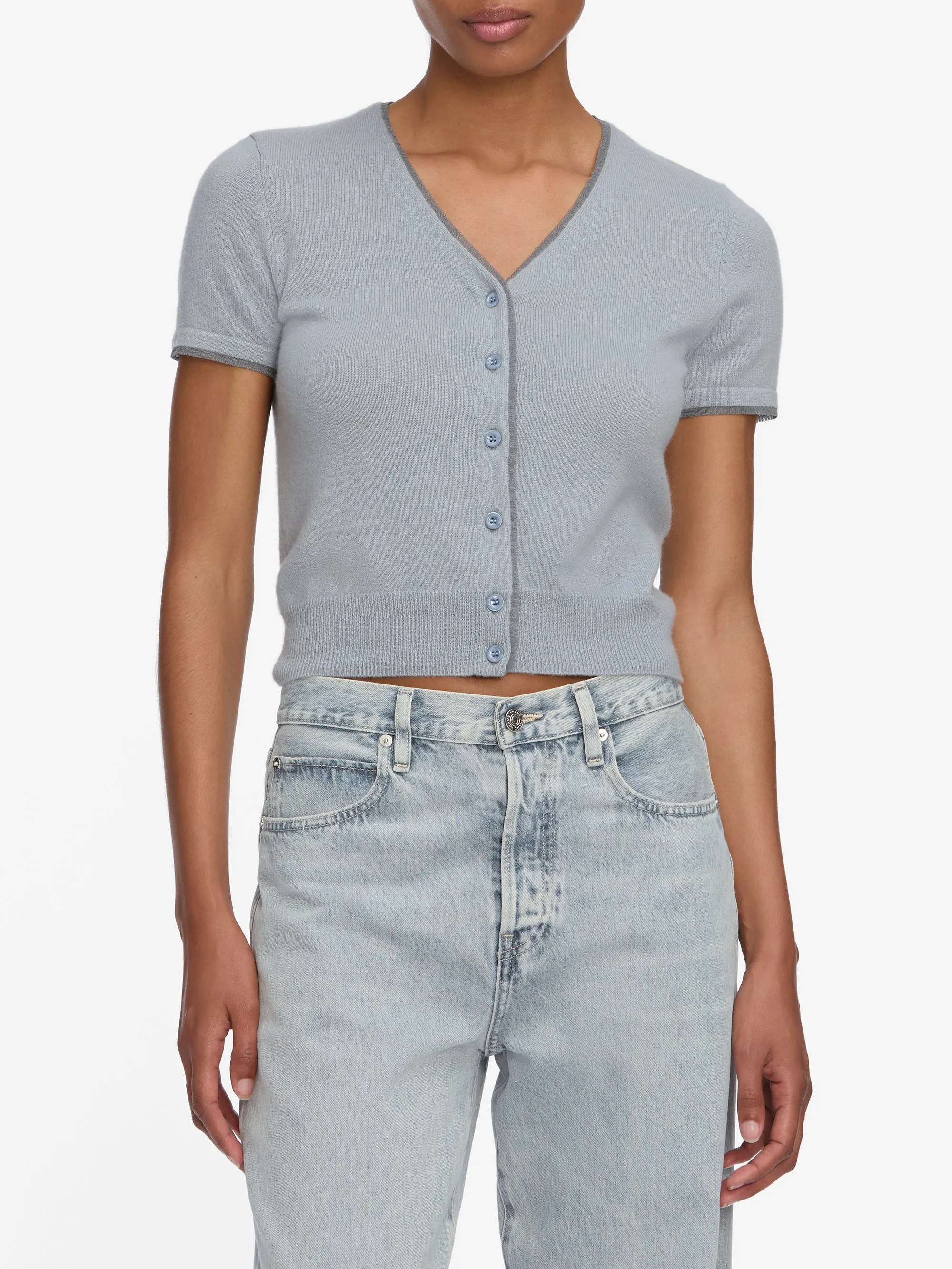 Interlock Ribbed Collar The Cashmere Mix Trim Cardi -- Grey Blue