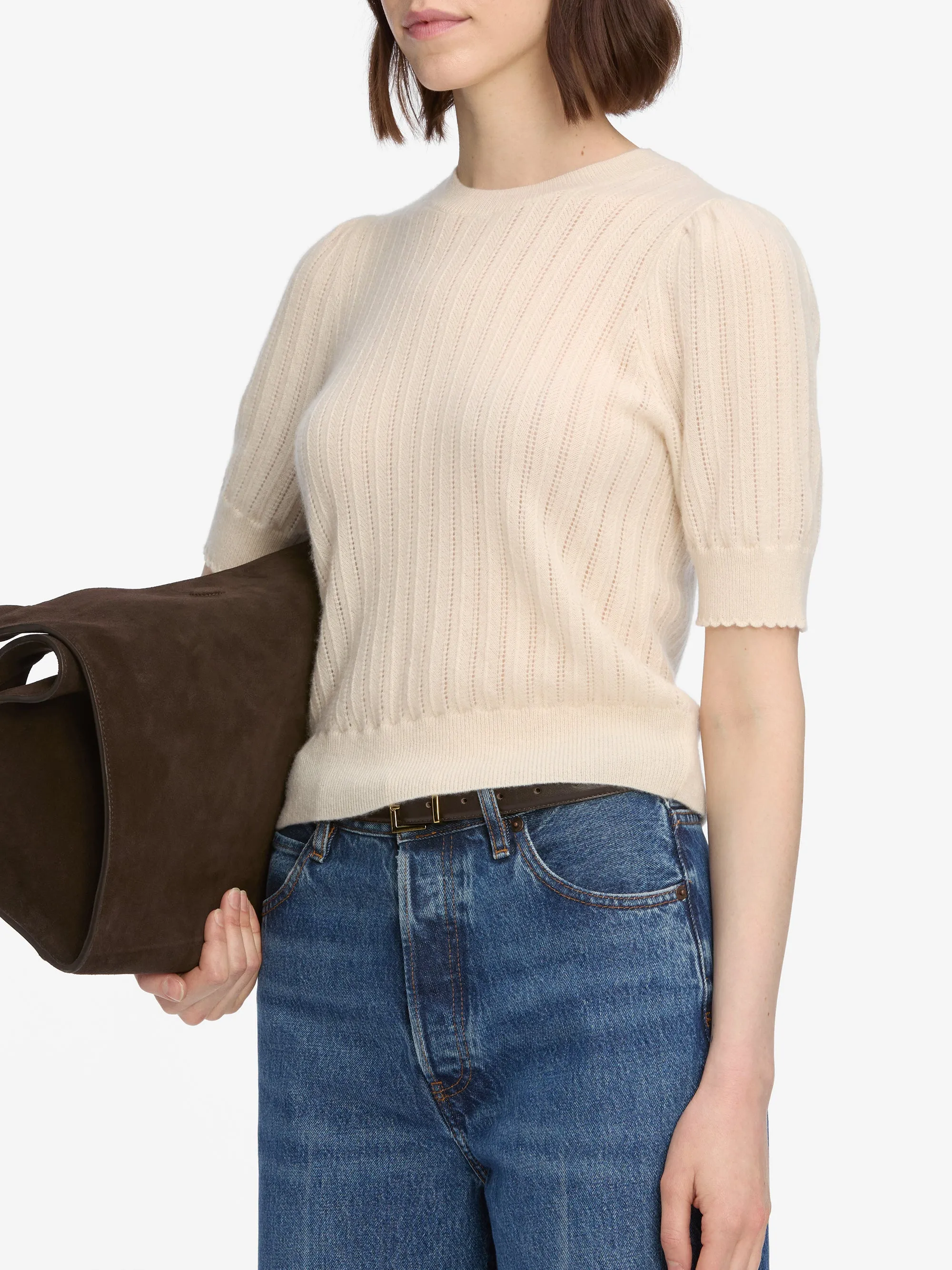 Seasonless Style Simple Trend The Ladder Pointelle Sweater -- Cream