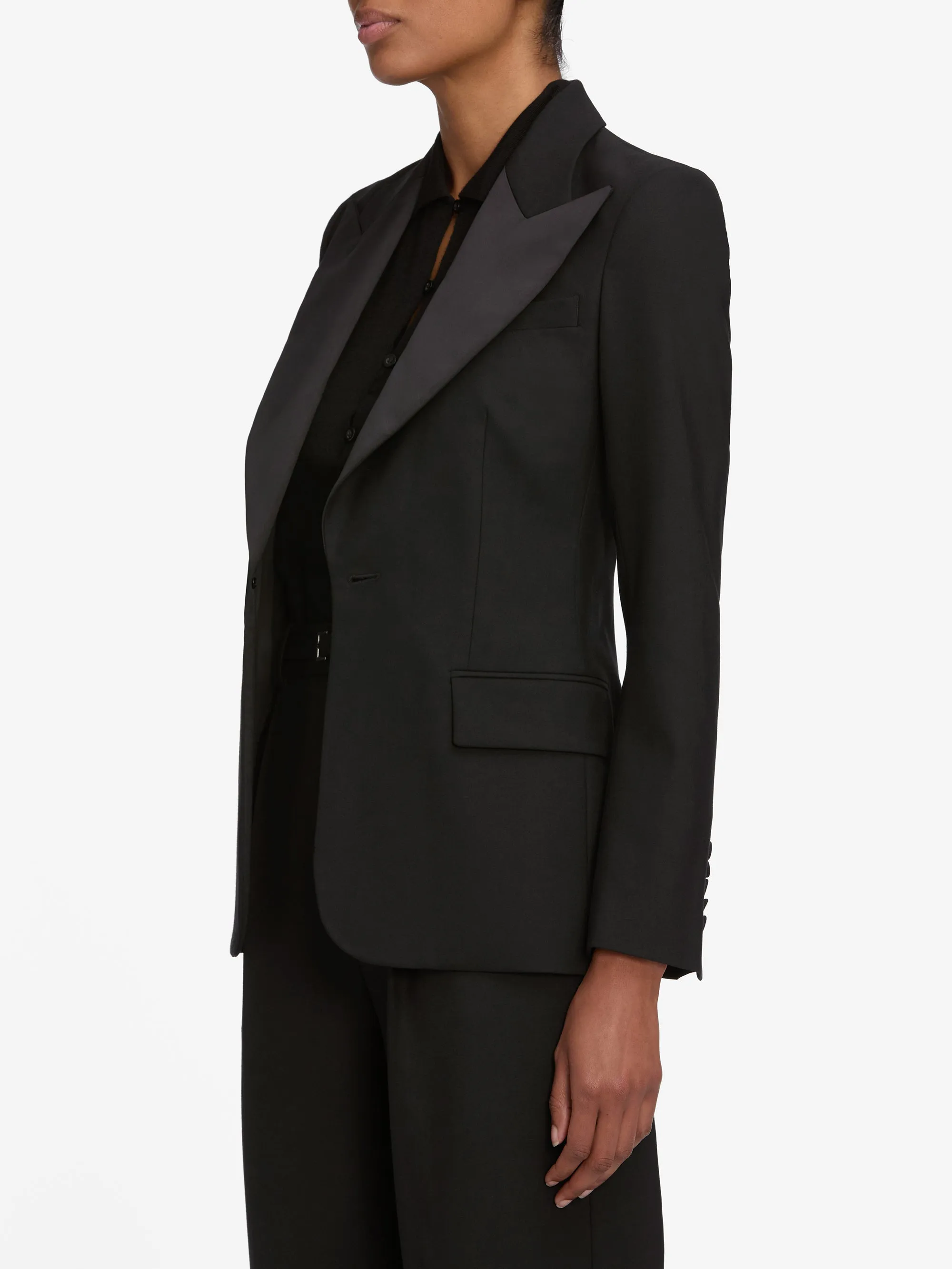 The Peak Lapel Blazer -- Black PocketPlacement Breezy Layer Option
