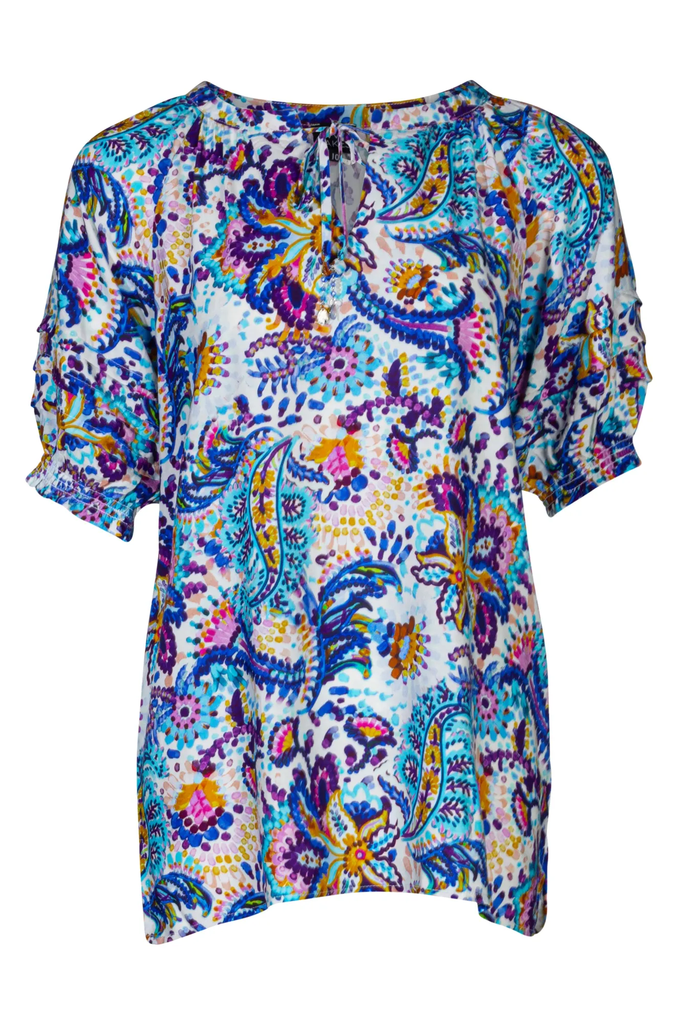 Wild Mood PreShrunk Cotton Tie neck Top with 1/2 sleeve | Blues Purple Mosaic | 6321A1