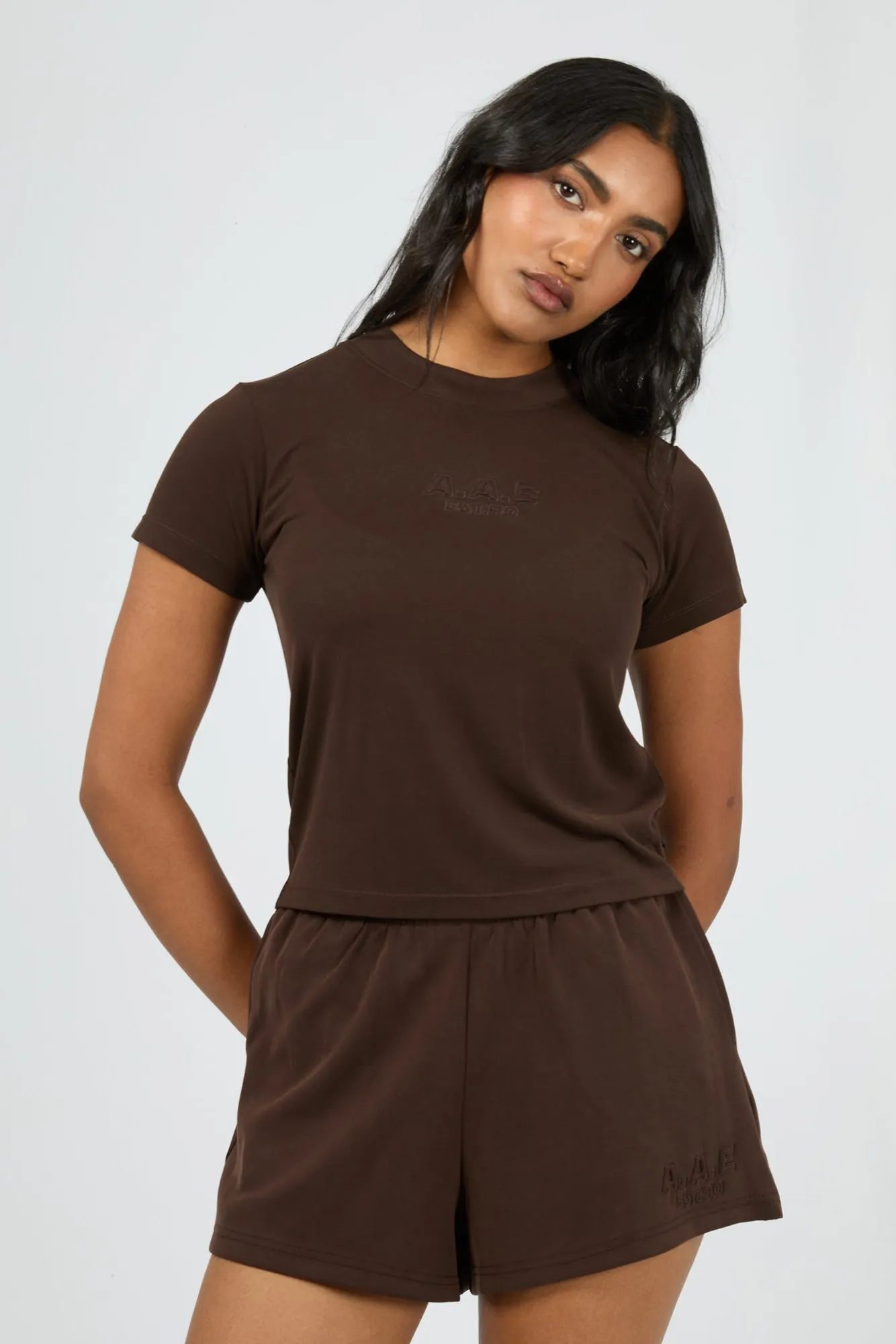 All About Eve Luxe Active Tee Brown Subtle Logo Placement Minimal Comfort Style