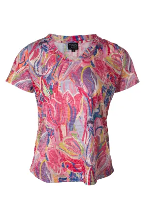 Stretchable Waistband Relax Vibe Top | Pink Multi Tulip | 6053A1