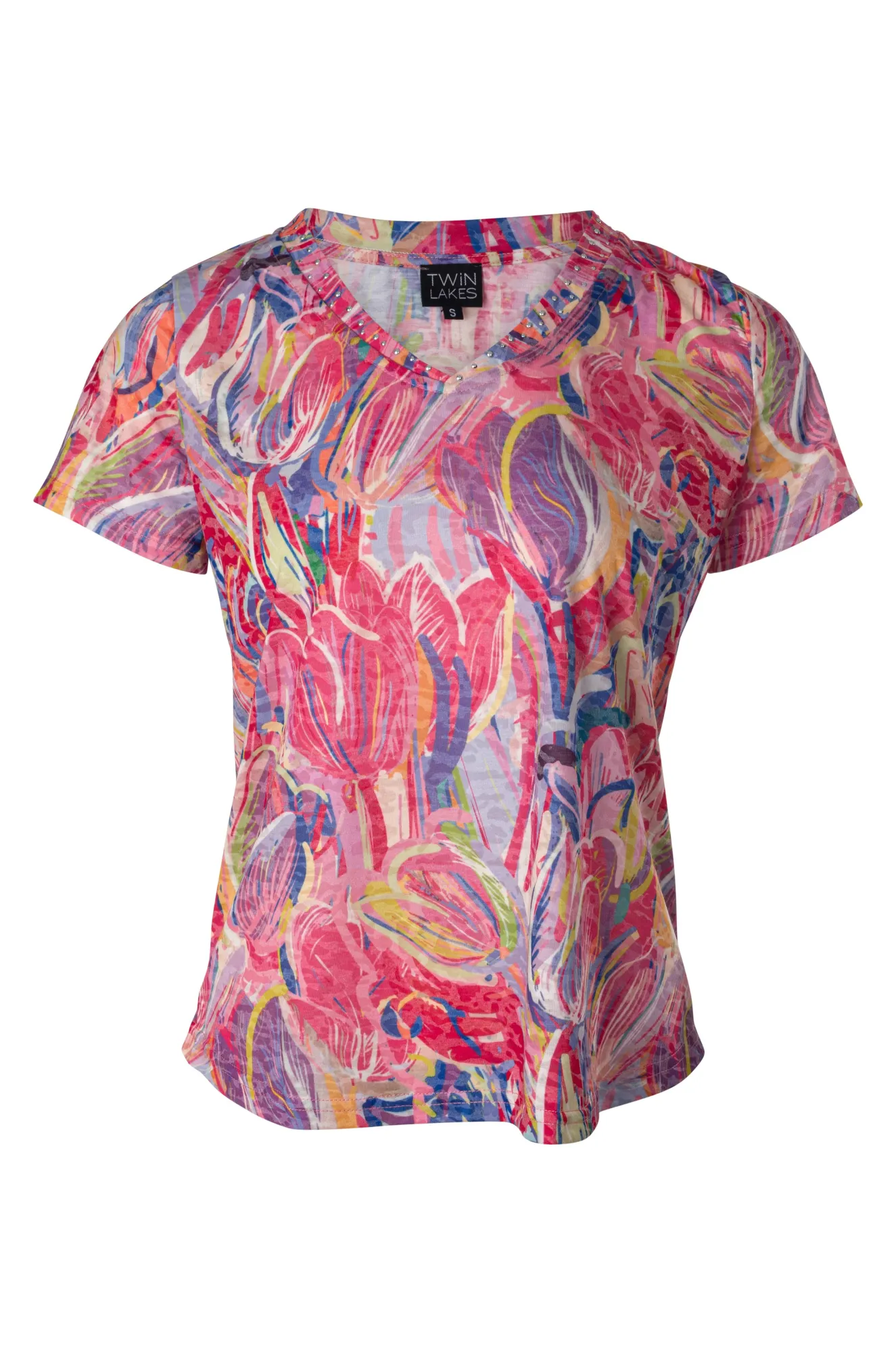 Stretchable Waistband Relax Vibe Top | Pink Multi Tulip | 6053A1