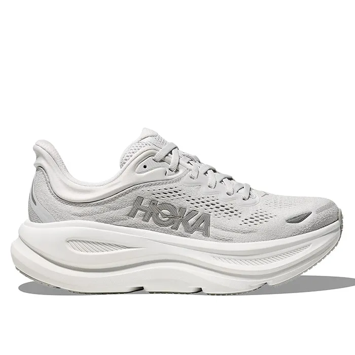 Womens Hoka Bondi 9 Extra Wide in Stardust/Silver PaddedTongue running in an obstacle course race