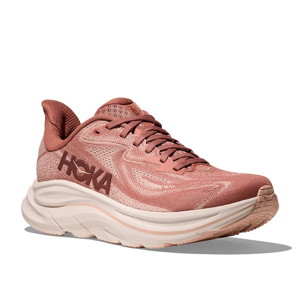 Womens Hoka Clifton 10 Wide in Blush/ Rose Latte Shock Dispersing Layer warm - weather shoes