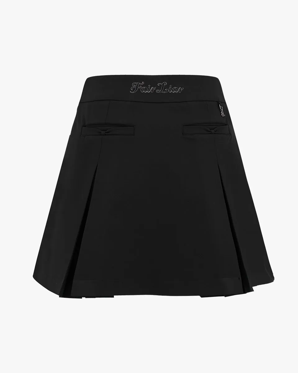 Simple Flow Front ribbon belt wide pleated skirt - Black