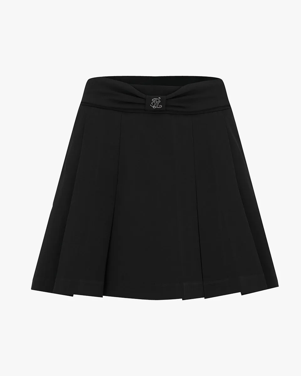 Performance Fashion Front ribbon belt wide pleated skirt - Black