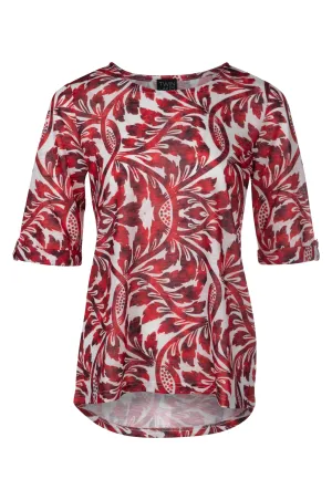 CoolingChannelFabric TaglessDesign Printed Slub Top with hi low hem | Red Ivory Vines | 6802A1