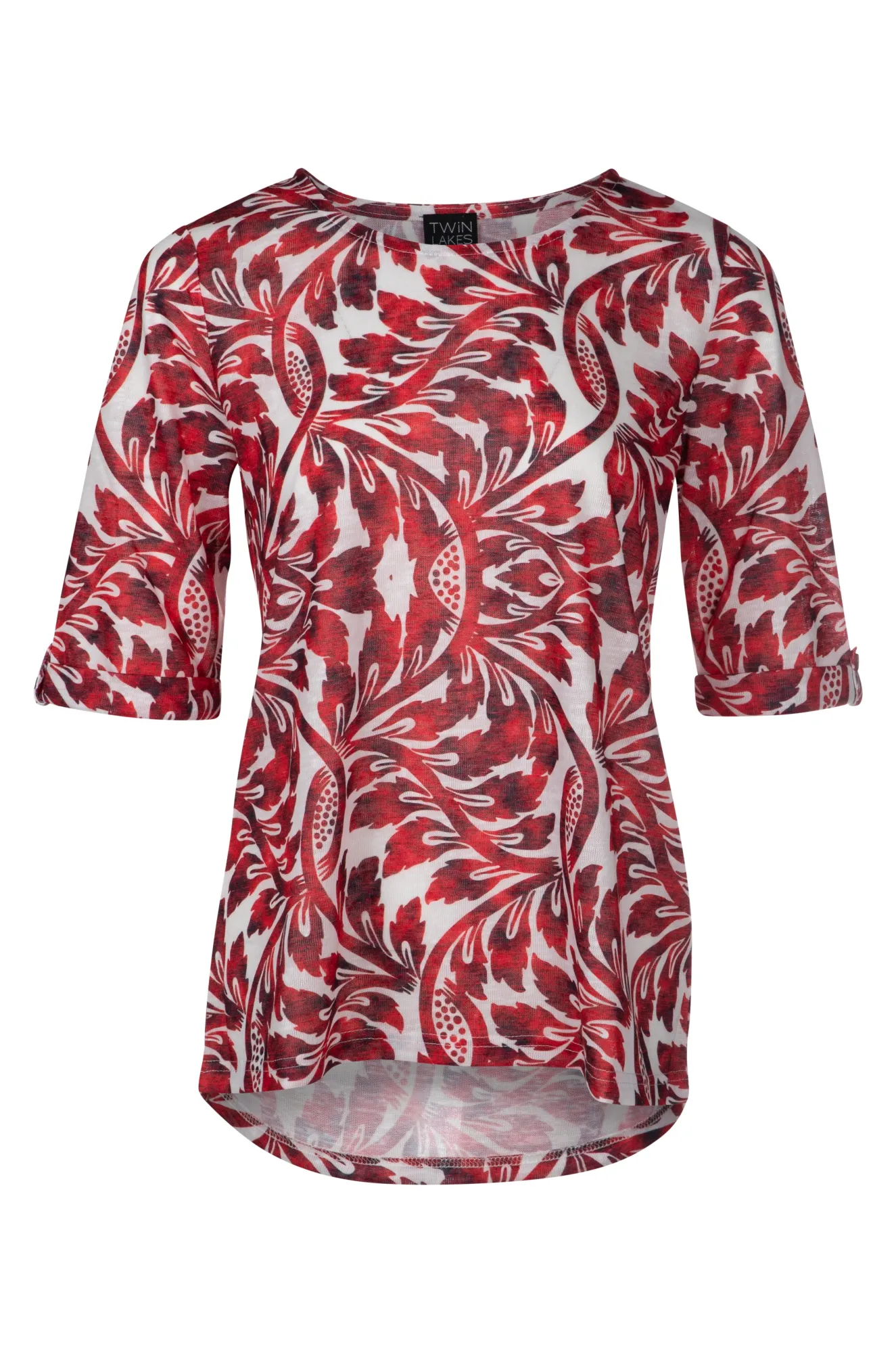 Champion Glow Printed Slub Top with hi low hem | Red Ivory Vines | 6802A1