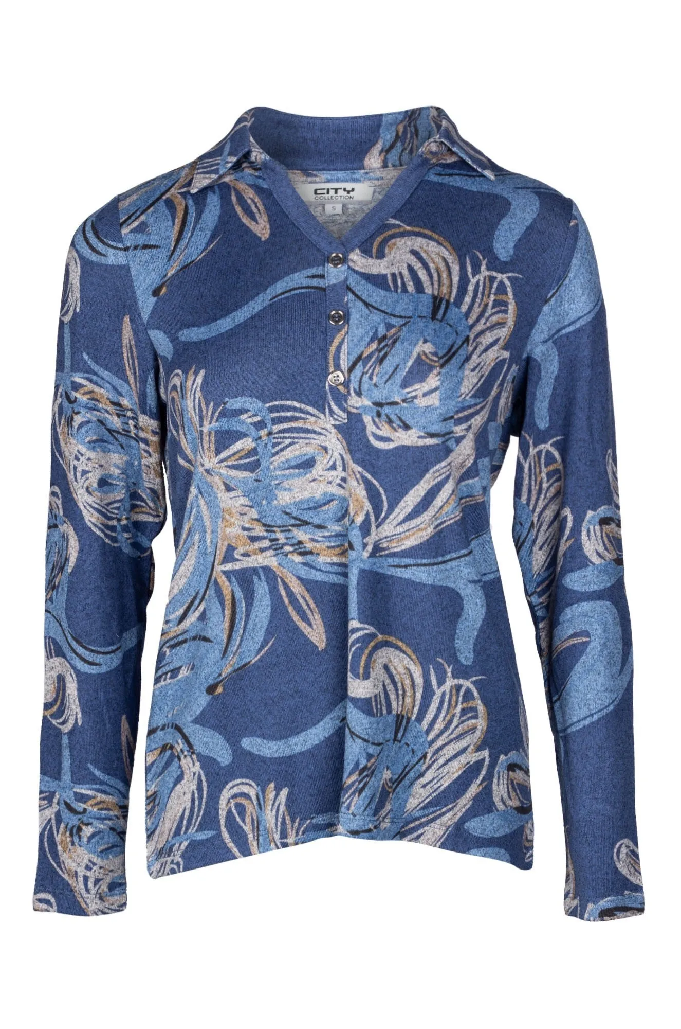 Formal Attire Printed Warm Touch Polo Top | Indigo Taupe Flower | 7904B1