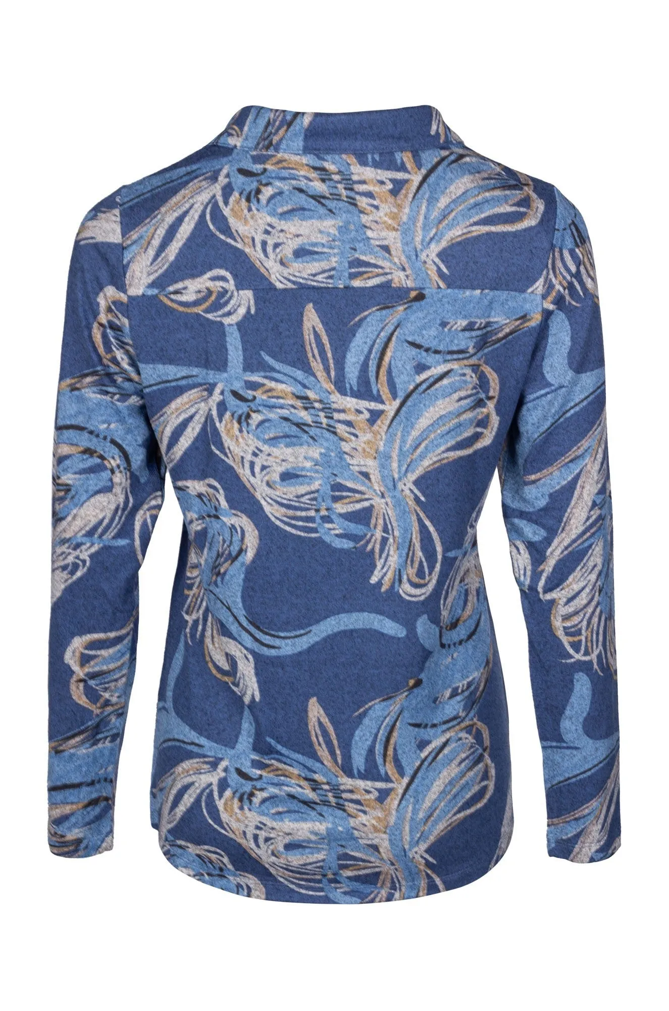 Printed Warm Touch Polo Top | Indigo Taupe Flower | 7904B1 Smooth Line