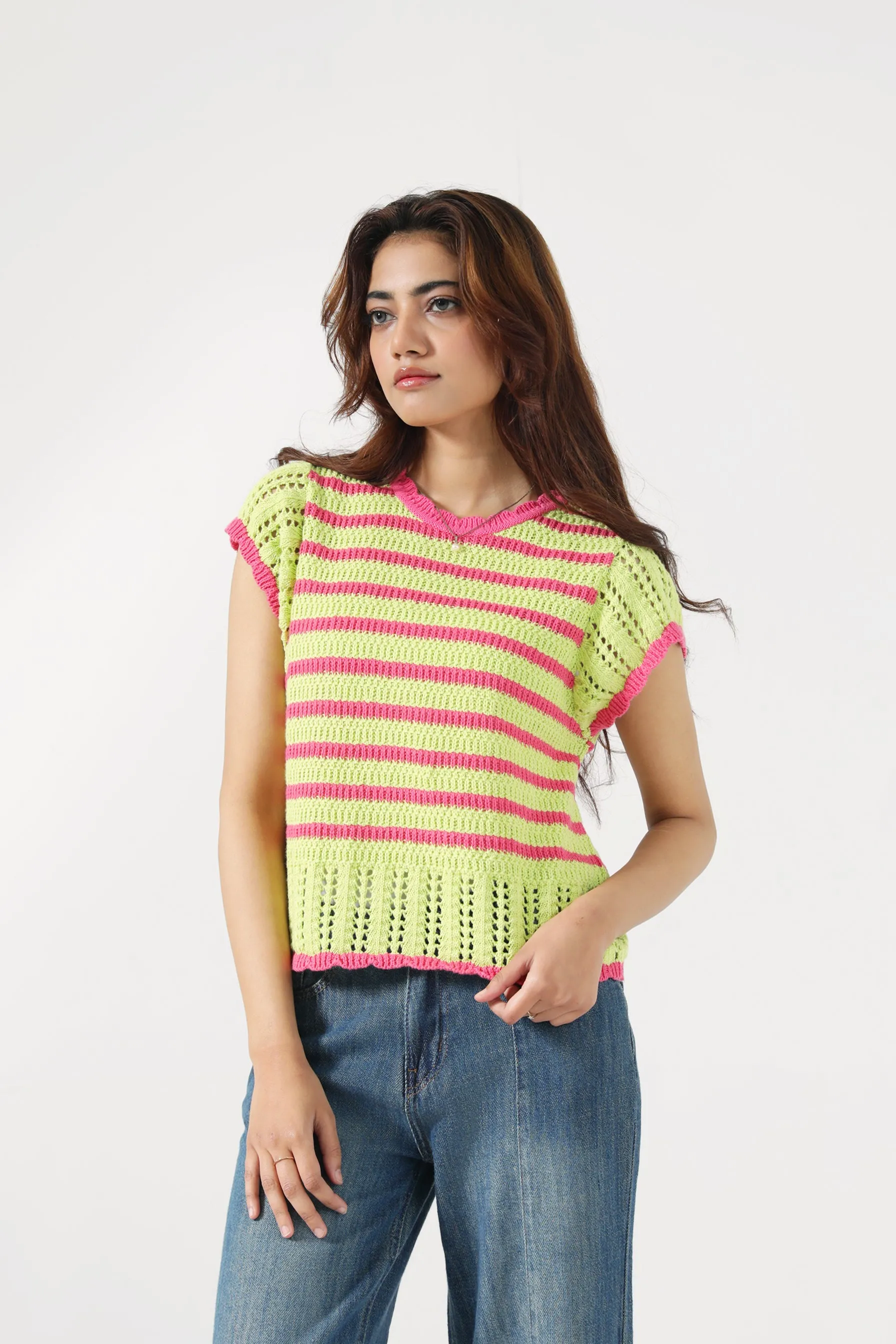 CONTRAST CROCHET KNIT TOP Recycled Fiber Drop Shoulder