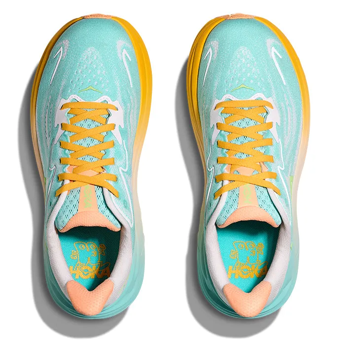 running for endurance Torsion Stability System Womens Hoka Clifton 10 in Blue Spark/White