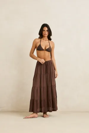 Classic Tiered Maxi Skirt Chocolate Fresh Detail Smooth Cut