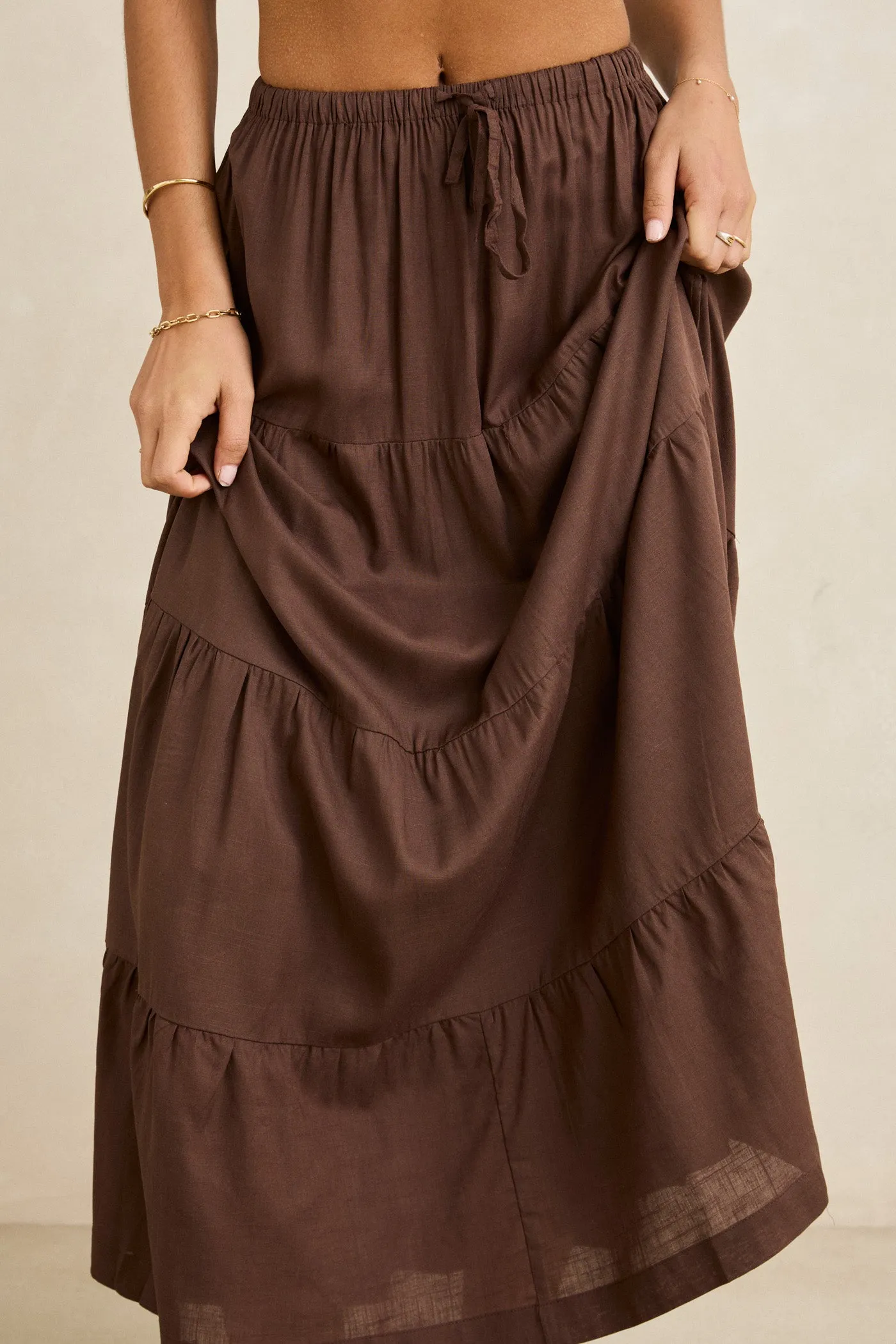Hand Painted Classic Tiered Maxi Skirt Chocolate