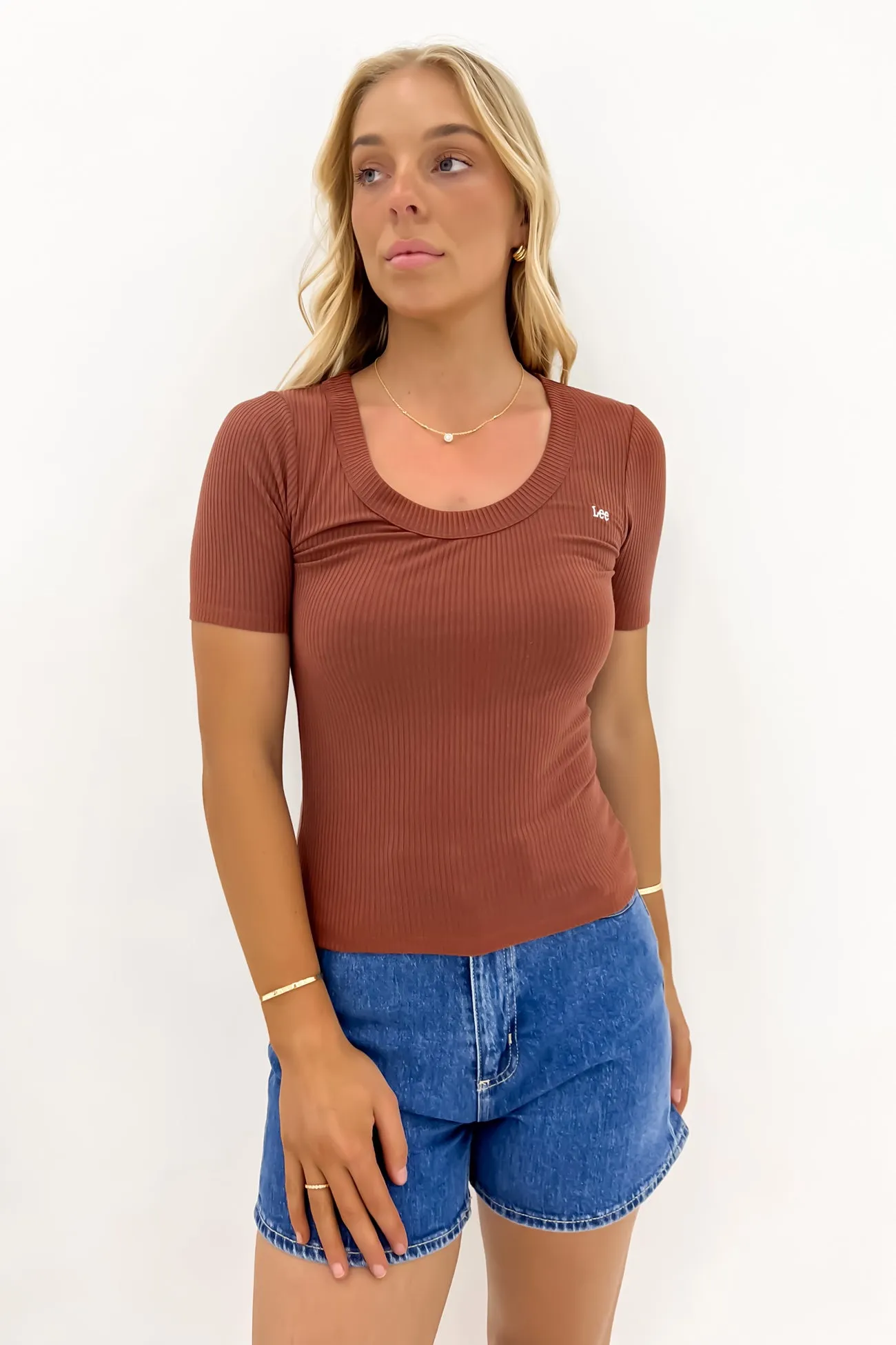 Boat neck style Chill Vibe Scoop Slim Rib Tee Terracotta