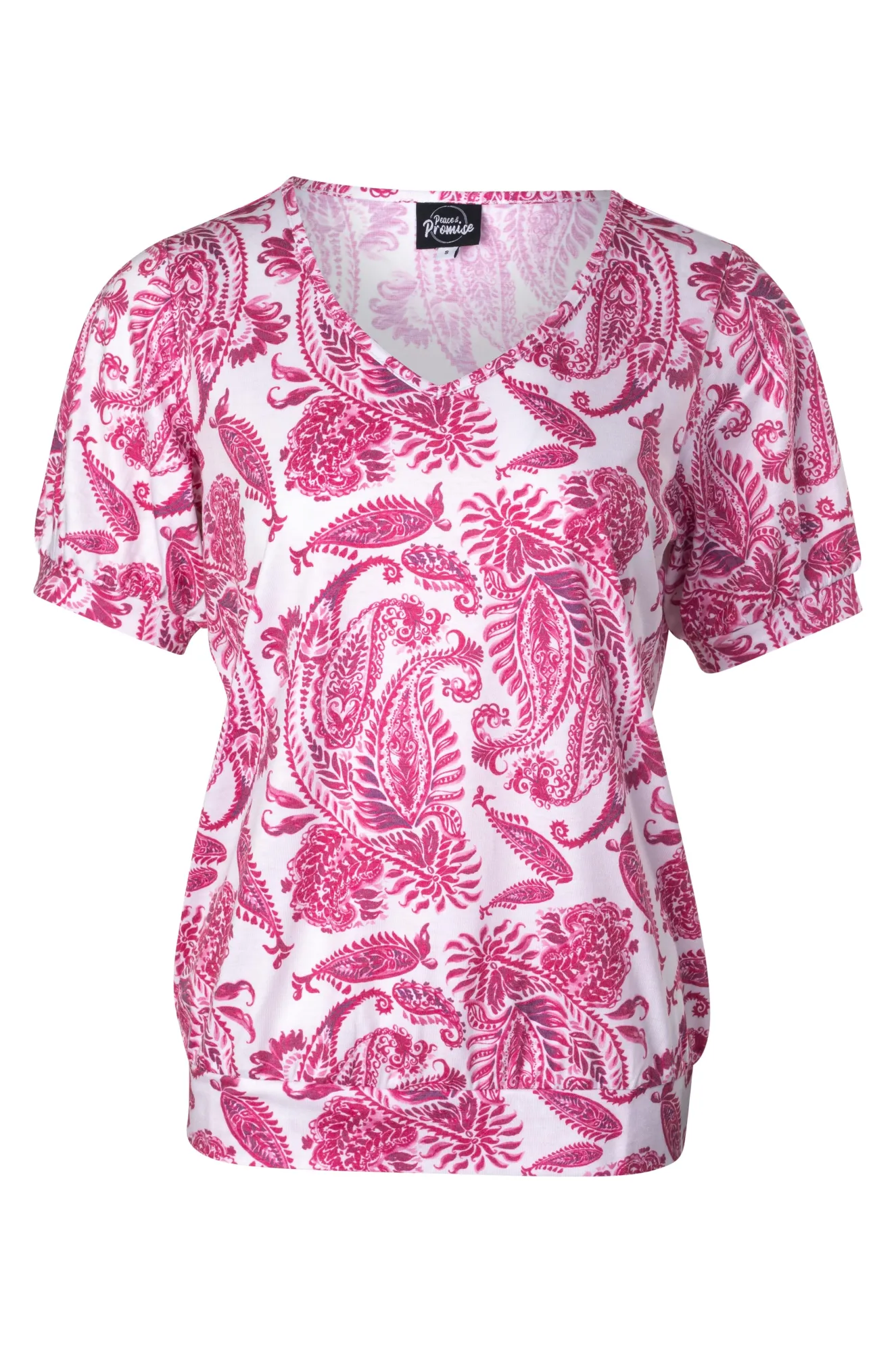 V neck Top with hem band | Cerise Paisley | 7203A1 ElasticCuffDesign Suburb Ease
