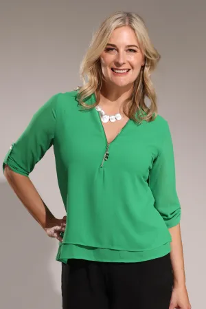 V neck Top with zipper trim | GRASS | 8542A1 Vacation Mood Collapsible Hood