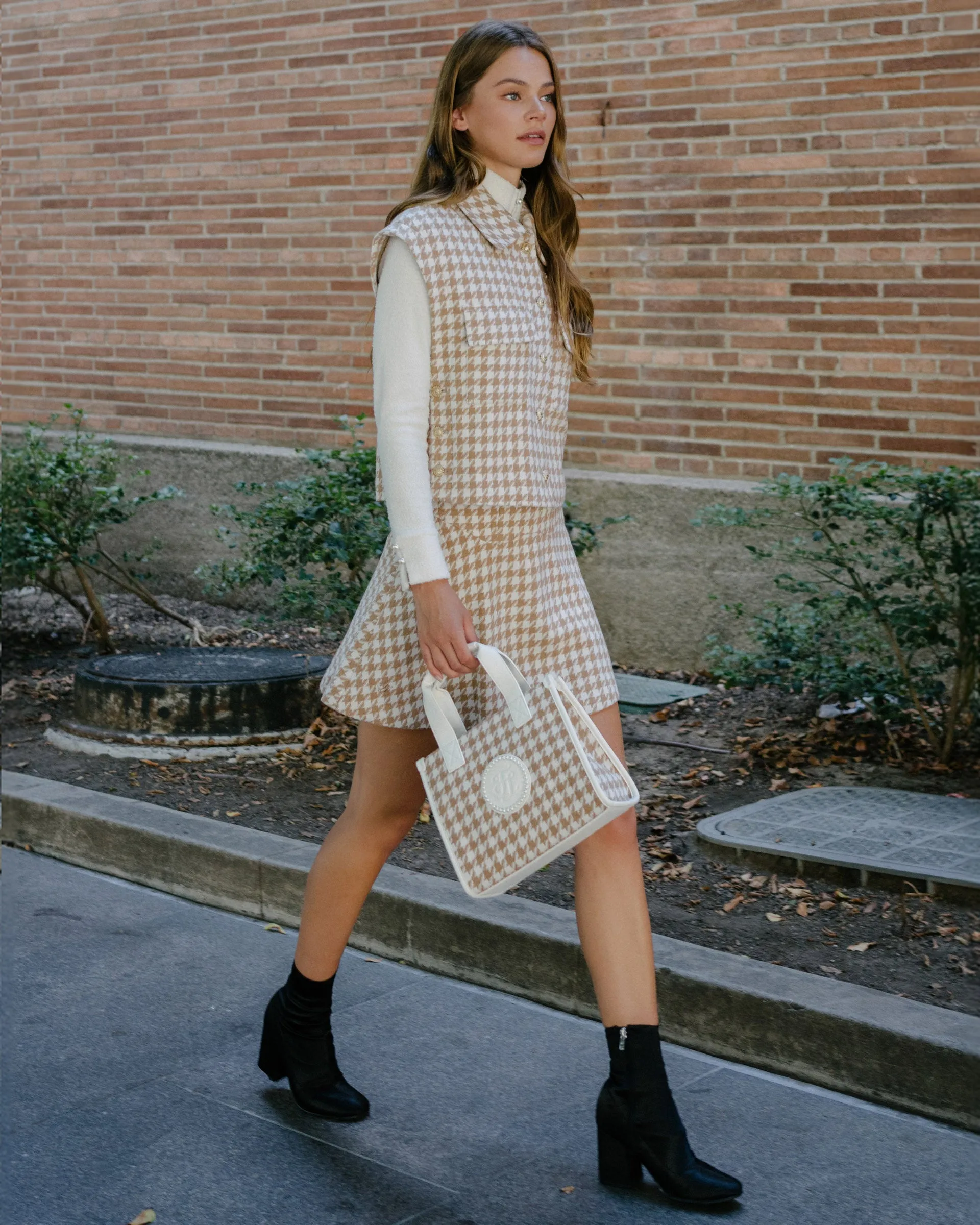 Daytime Look Layered Look Houndstooth checkered flare skirt - Beige