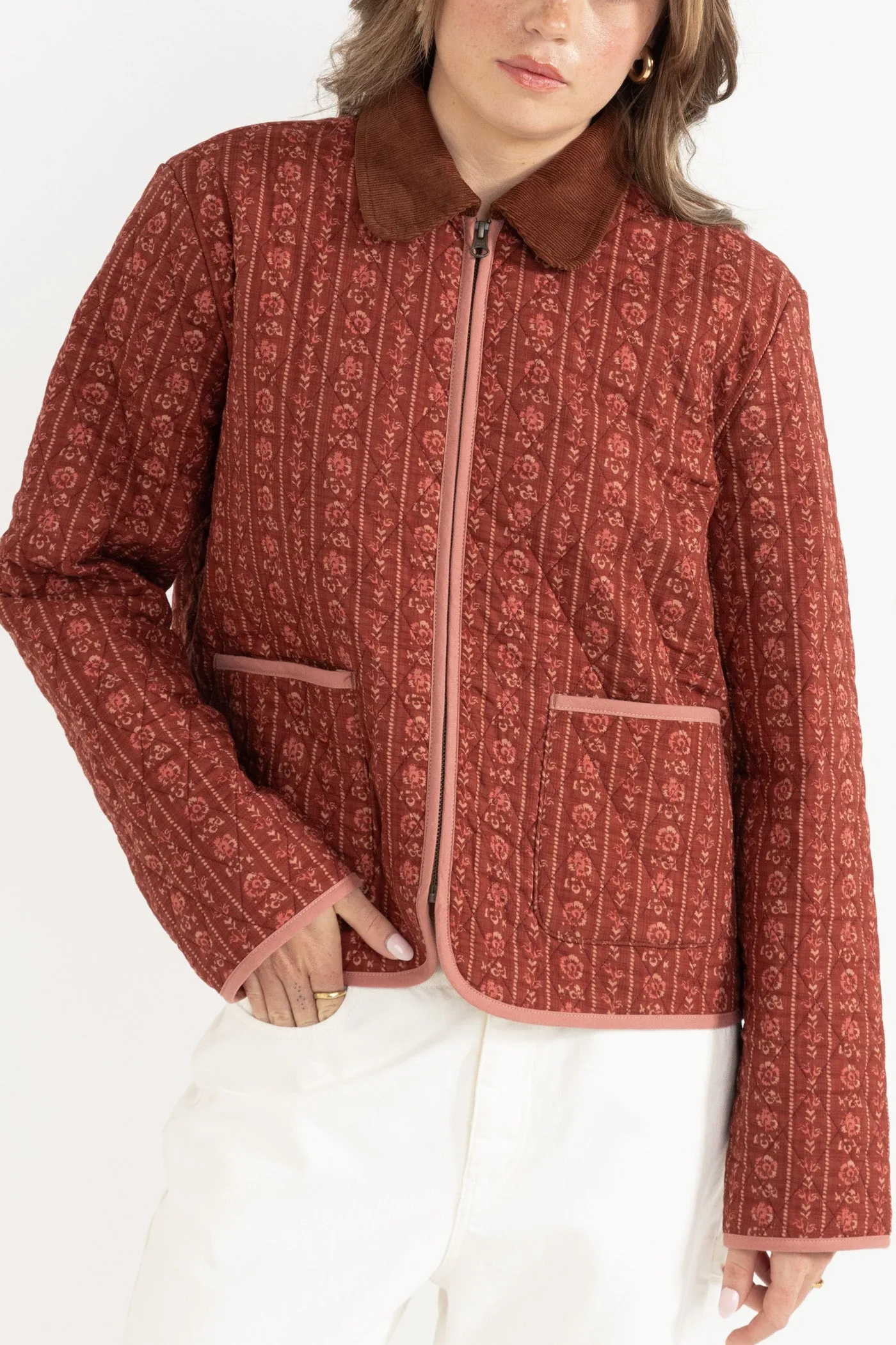 Snow Block Vintage Floral Quilted Jacket Burgundy