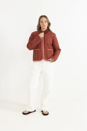 Vintage Floral Quilted Jacket Burgundy WaterResistantFabric Airtight Fasteners