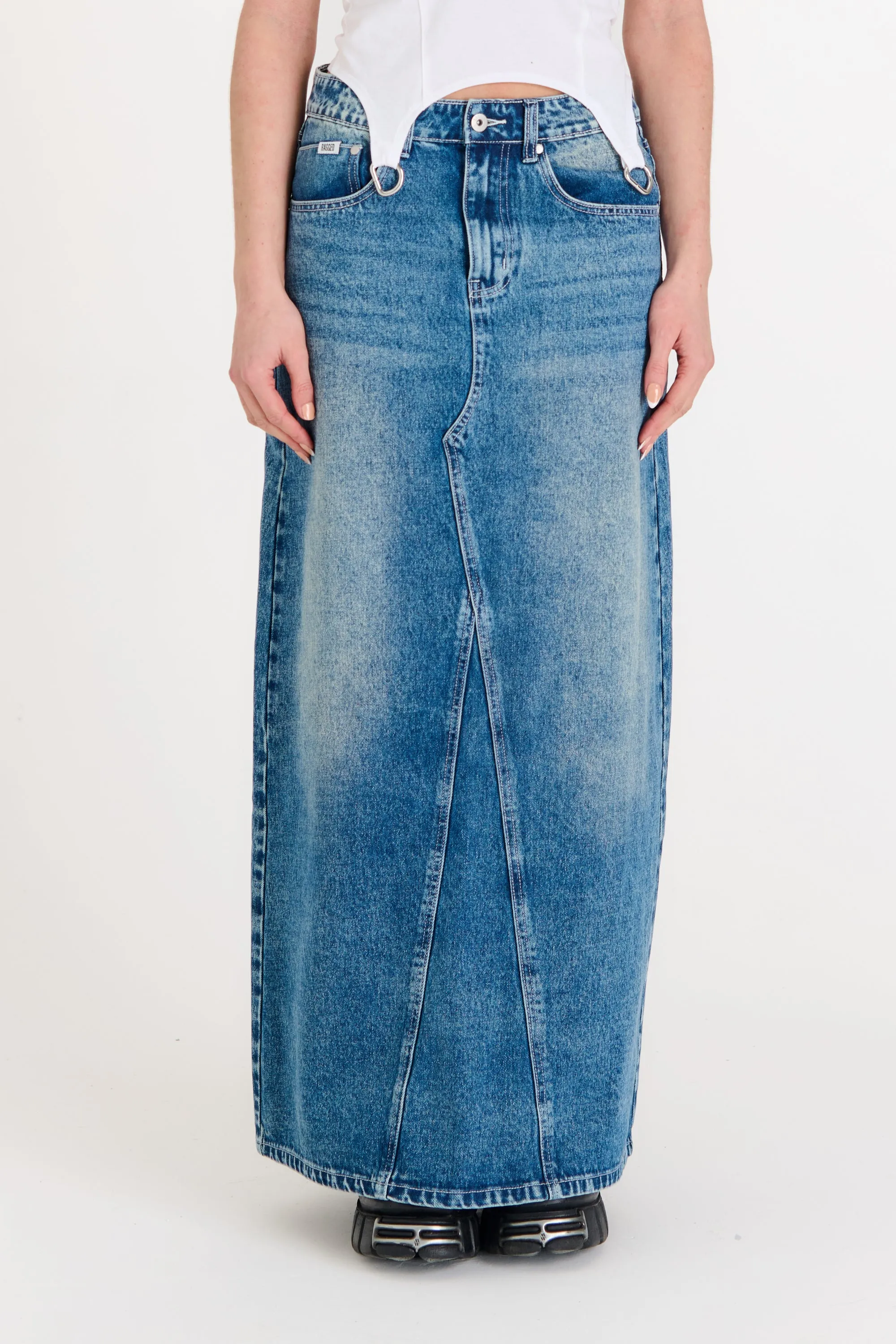 Vintage Washed Denim Maxi Skirt Cultural Heritage Simple Layer