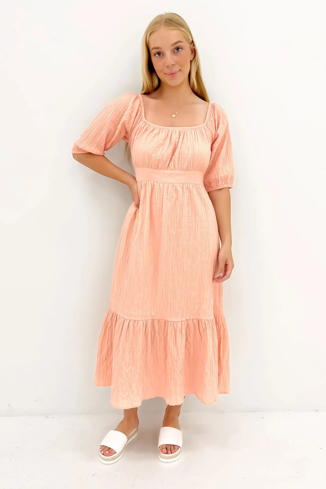 Violet Midi Dress Muted Peach Cozy Mood