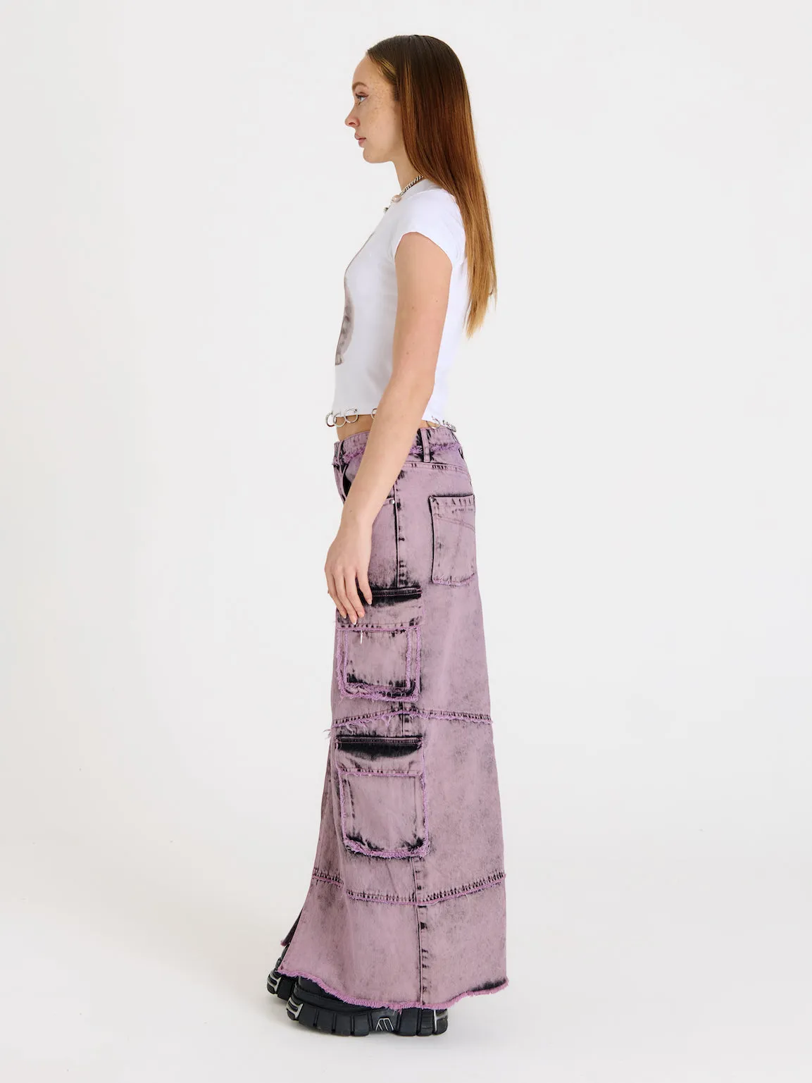 Transitional Wear Vortex Denim Combat Maxi Skirt
