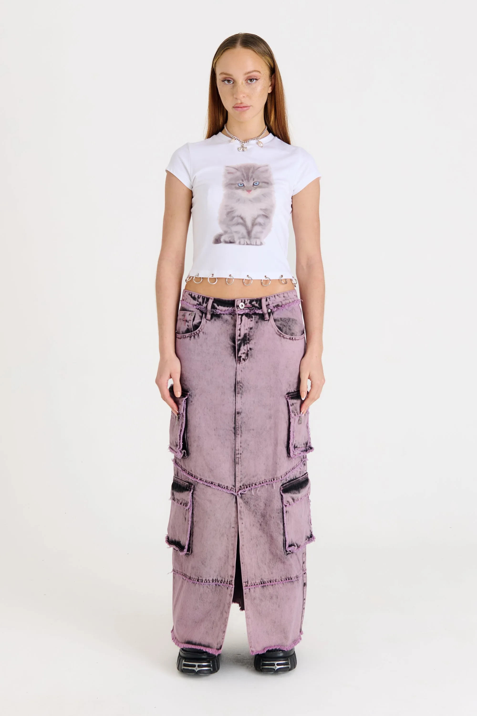 Artisanal Craft Breathable Lining Vortex Denim Combat Maxi Skirt